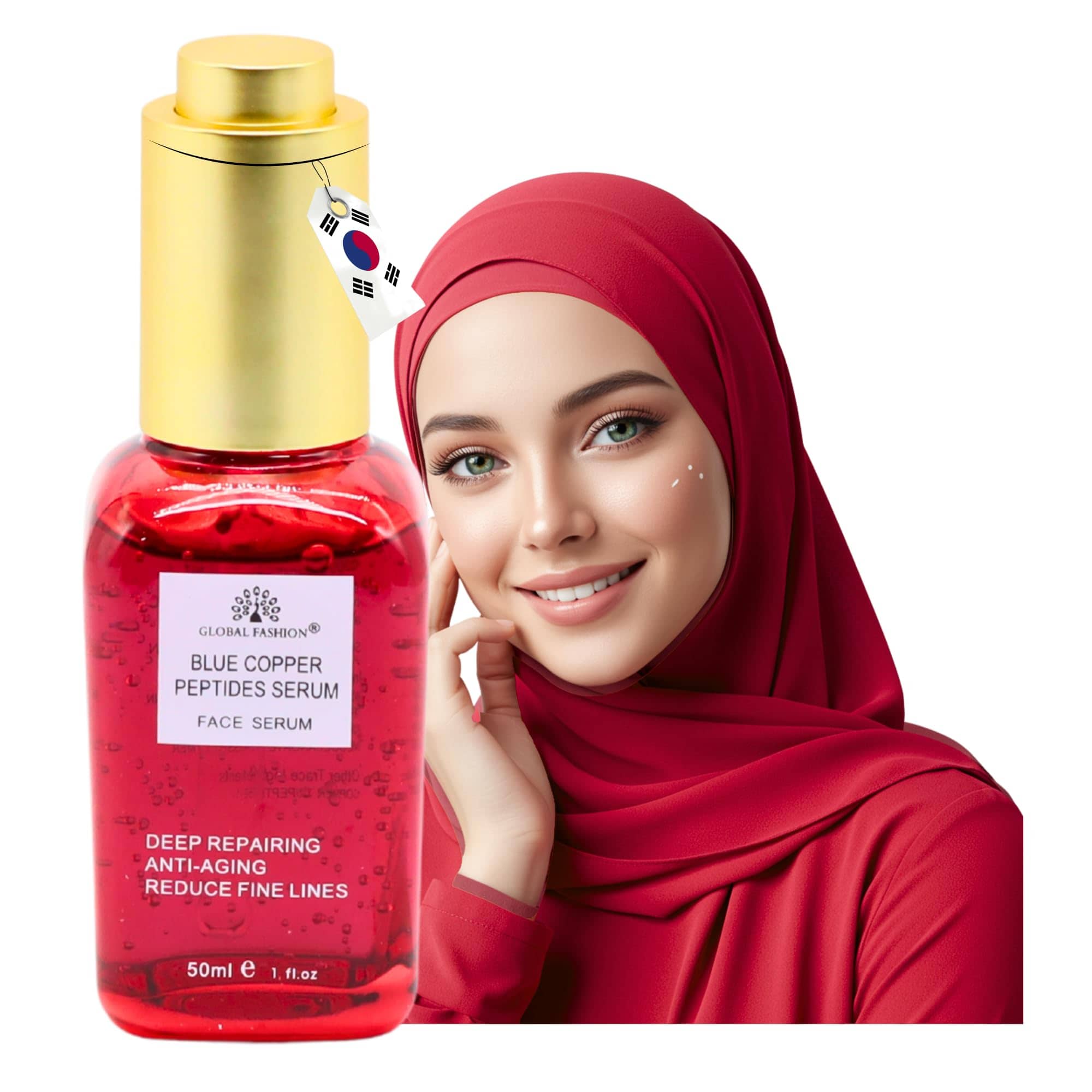 Global Fashion Face Serum 50 ml – Anti-Aging, Brightening & Hydrating – With Vitamin C, Retinol, Hyaluronic Acid, Collagen, AHA BHA, Peptides – Korean Skincare (Blue Copper Peptide)