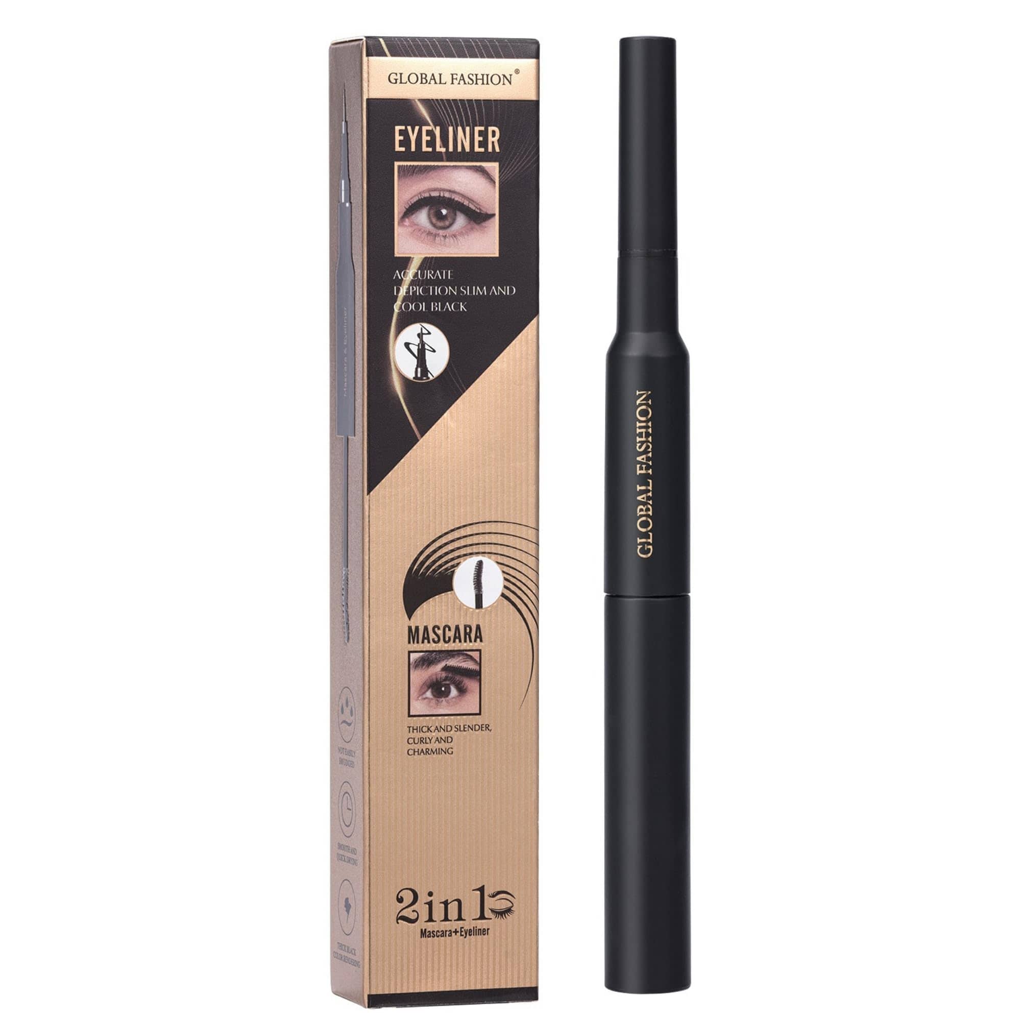 Global Fashion 2-in-1 Mascara & Eyeliner – Precision Felt-Tip Liquid Eyeliner & Volumizing Lengthening Mascara Combo, Waterproof Smudge-Proof, Long-Lasting Jet Black Eye Makeup Duo