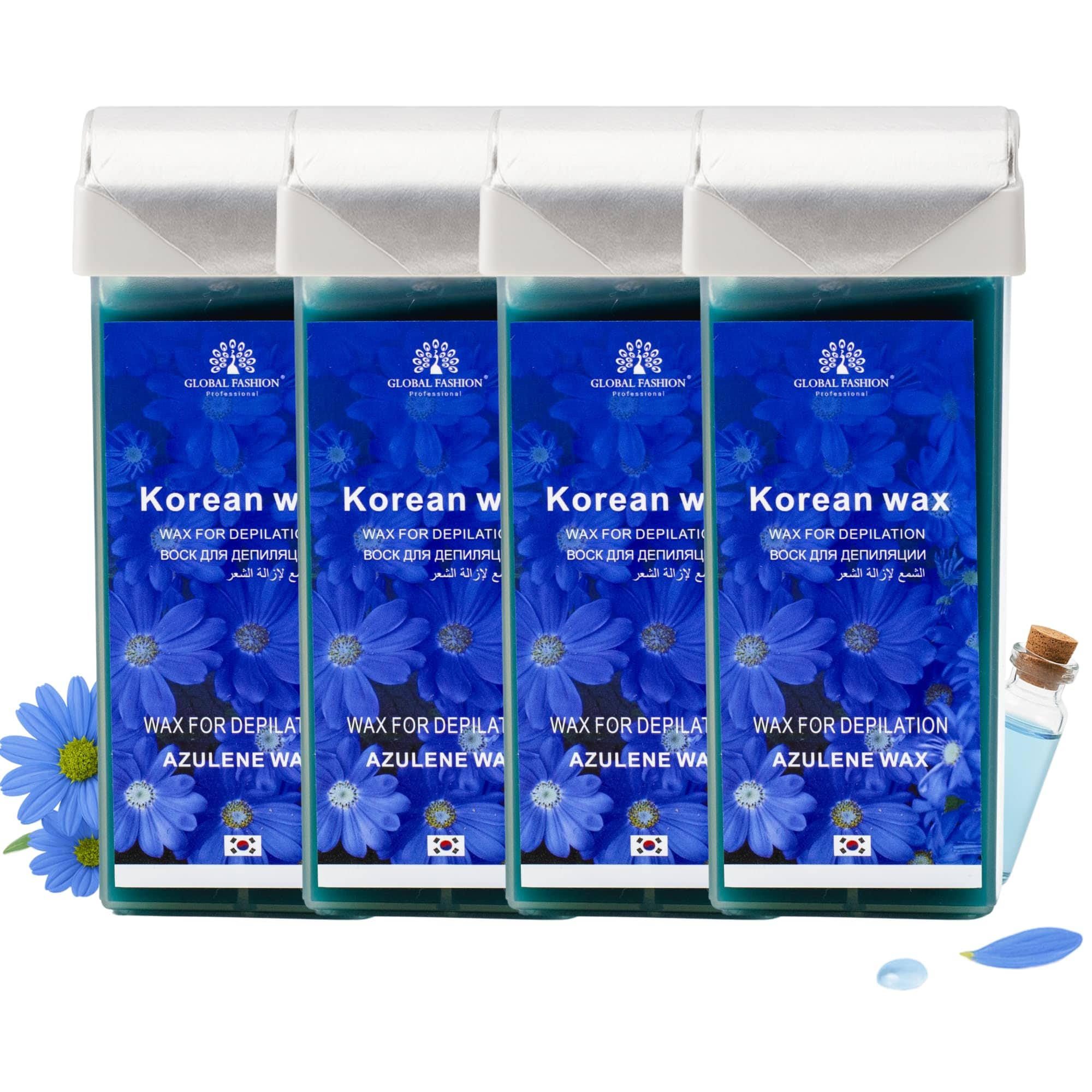 Global Fashion 100ml Roll-On Wax Cartridge – Korean Soothing Depilatory Wax Refill for Women Hair Removal, Long-Lasting, Smooth Glide for Legs, Arms & Body | 12 Scents (400ml, Azul)