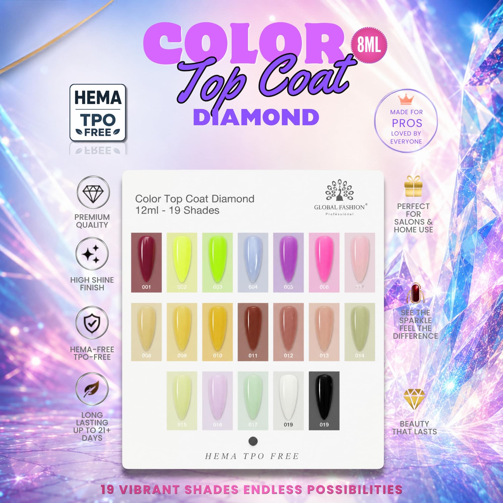 Color Top Coat Diamond 12ml – HEMA & TPO Free No Wipe Gel Top — Shade Color Top_19 - 8