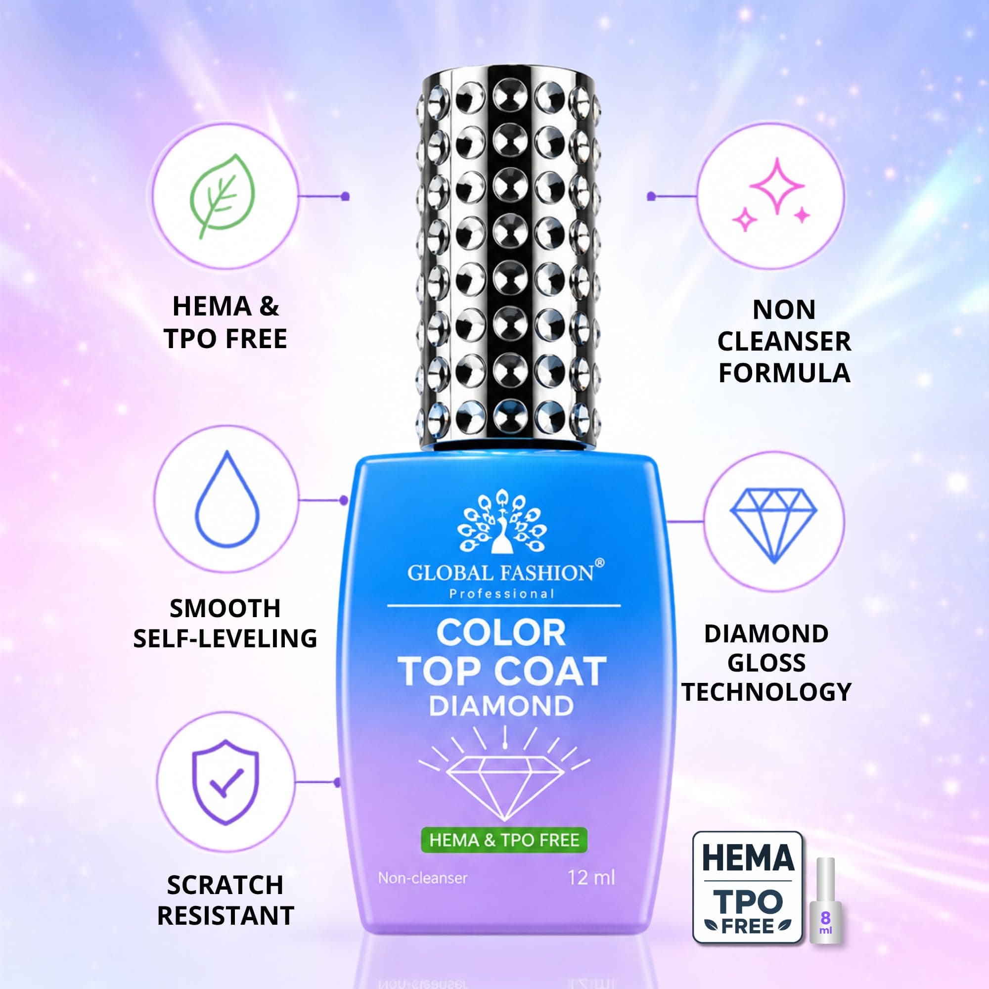 Color Top Coat Diamond 12ml – HEMA & TPO Free No Wipe Gel Top — Shade Color Top_19 - 6
