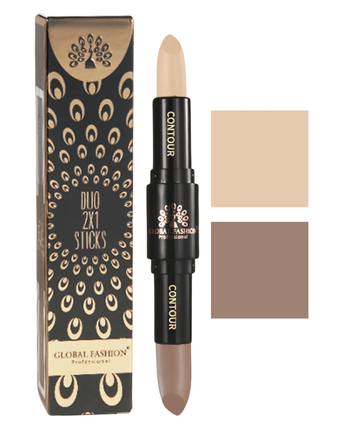 Global Fashion Duo 2‑in‑1 Contour & Highlight Stick - 4 Shades, Dual‑Ended Cream to Powder Sculpting Pen, Waterproof Long-Lasting Formula for Face, Nose & Cheekbones (GC03 - Warm B) — Color GC03 - Warm Beige + Mocha Beige