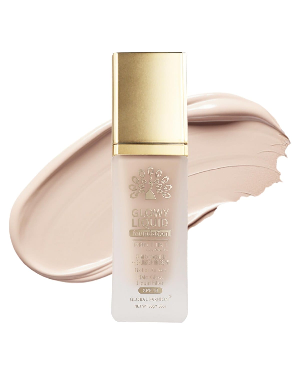 Global Fashion Glowy Liquid Foundation 30ml – 8 Shades, Radiant Finish, Buildable Coverage, Lightweight Formula with Hydrating Vitamin E & Dewy Glow Effect, SPF 15 Protection (K037)