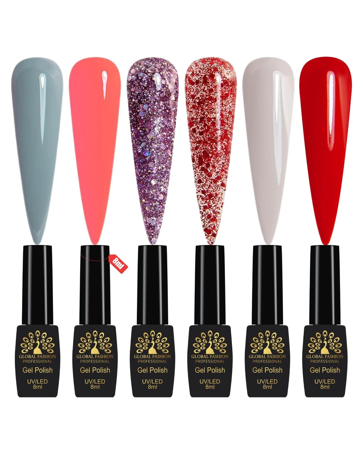 Global Fashion Gel Nail Polish Set of 6-8ml, Black Elite UV/LED Soak-Off, Long-Lasting, Chip-Resistant, Vegan Formula, Easy to Apply, High-Shine Finish for Salon & DIY Nail Art (Luxe Sparkle)