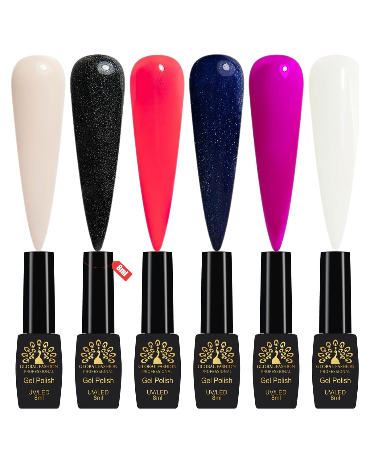 Global Fashion Gel Nail Polish Set of 6-8ml, Black Elite UV/LED Soak-Off, Long-Lasting, Chip-Resistant, Vegan Formula, Easy to Apply, High-Shine Finish for Salon & DIY Nail Art (Neon Fusion)