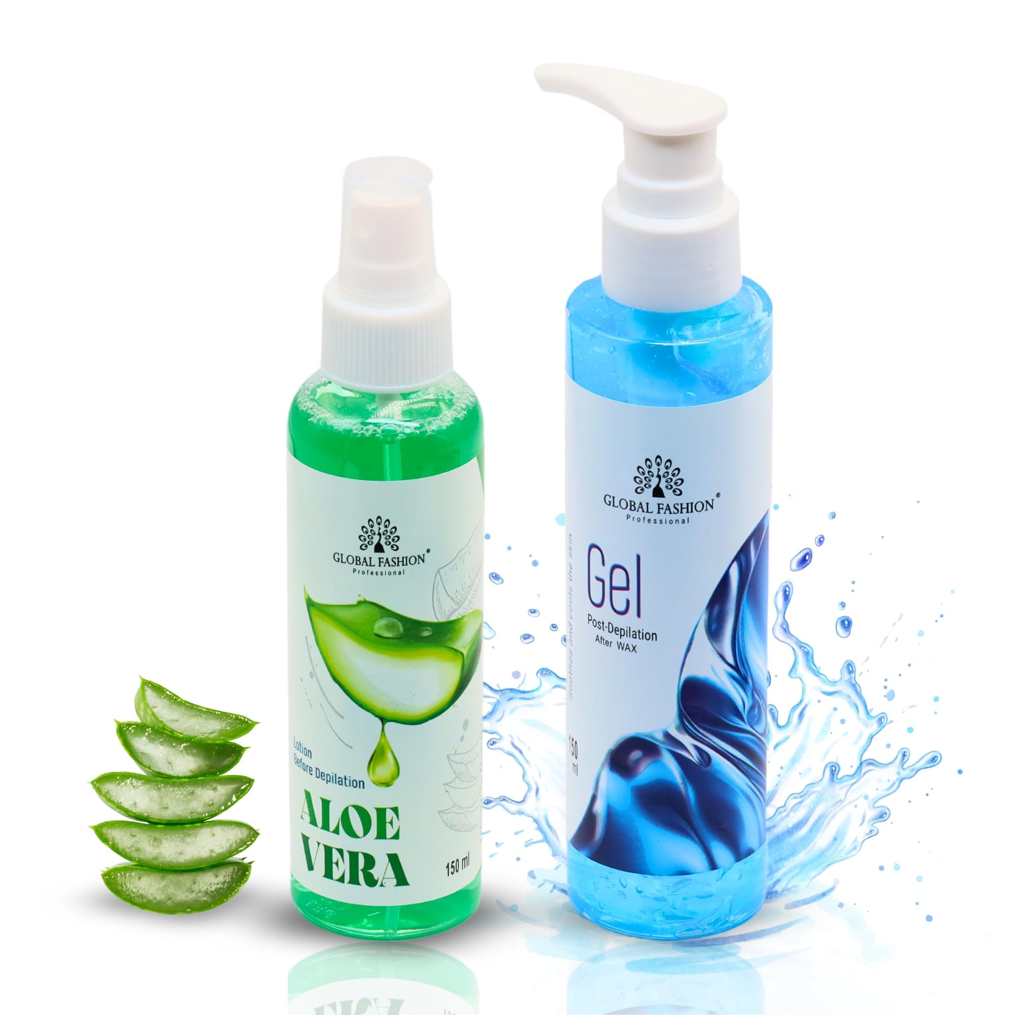 Global Fashion Pre & Post Waxing Treatment Set, 150ml Aloe Vera Lotion and 250ml Post-Wax Gel, Skin Soothing Kit, Hydrates, Soothes, & Prepares Skin for Hair Removal – Removes Resi