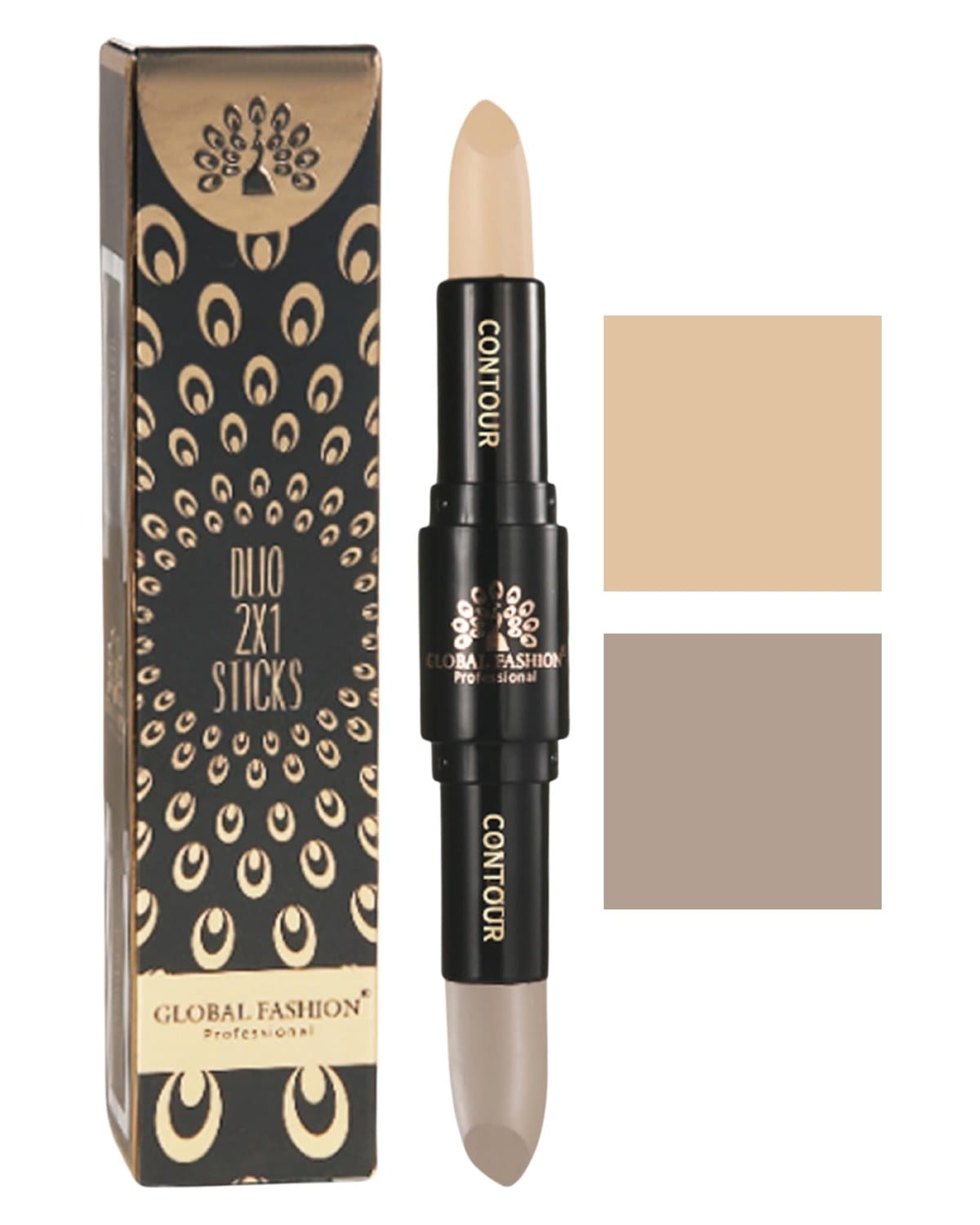Global Fashion Duo 2‑in‑1 Contour & Highlight Stick - 4 Shades, Dual‑Ended Cream to Powder Sculpting Pen, Waterproof Long-Lasting Formula for Face, Nose & Cheekbones (GC04 - Rich C) — Color GC04 - Rich Cream + Stone Beige