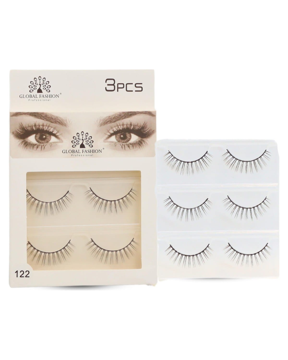 GLOBAL FASHION False Eyelashes Pack - Wispy Natural Look, Mink Fluffy Strips, Cat Eye and Fox Eye Lashes, Reusable, Easy Application, Perfect for Daily Wear & Special Occasions | (Eyelash 122-3Pcs) — Color Eyelash 122-3 Pair
