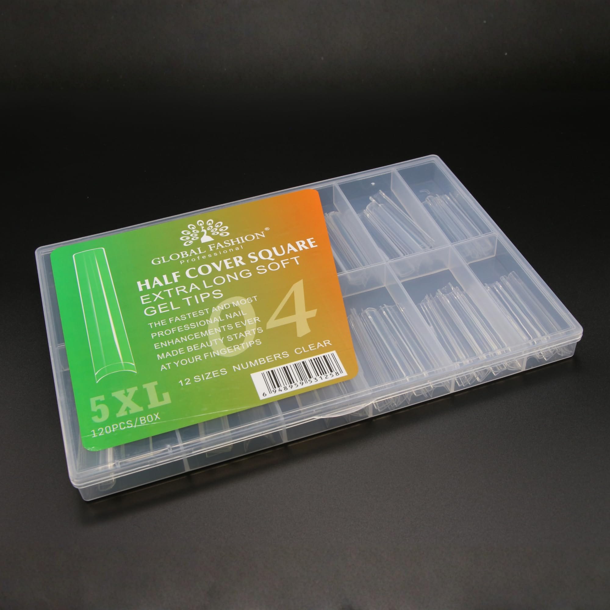 Global Fashion Half Cover Square Gel Tips - 120 pcs, 12 sizes, Extra Long Clear Soft Gel Nail Extensions, Pre-Shaped Half Cover Design for Builder Gel & Polygel Systems, Ideal for Salon & DIY Manicure — Color 0744963296246