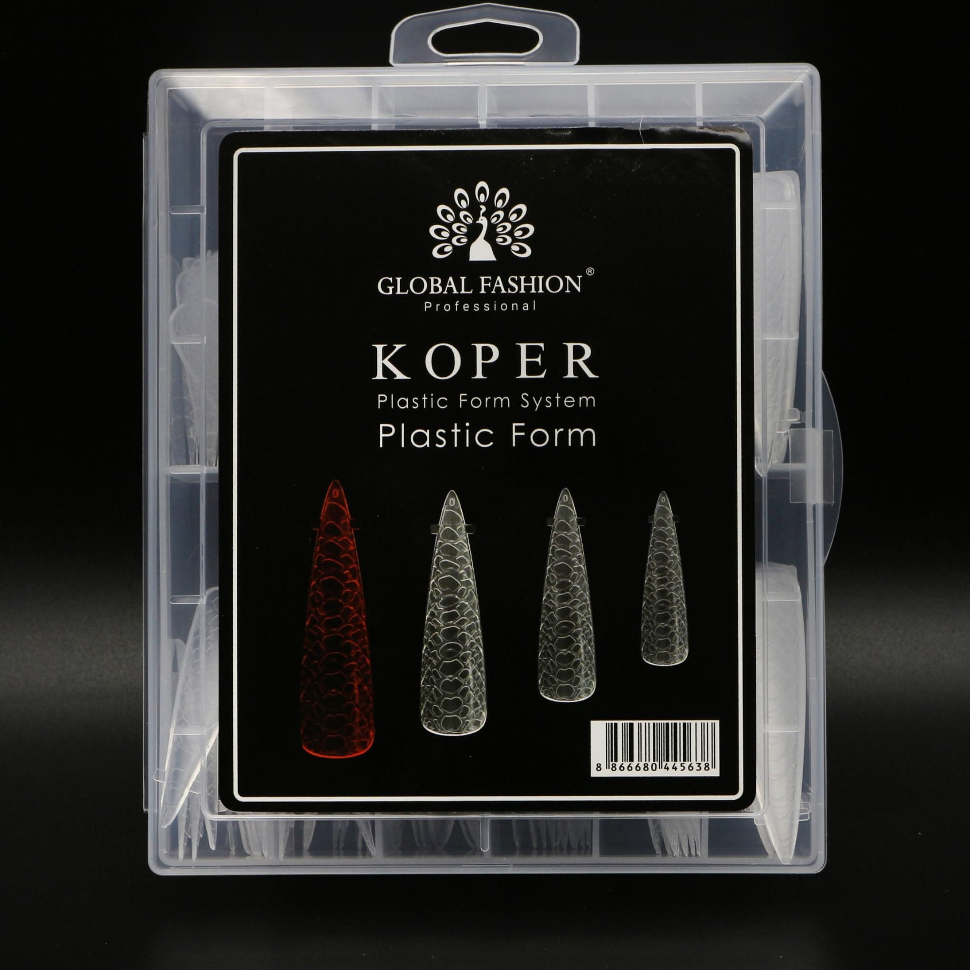 Global Fashion Dual Nail Forms - 120 Pcs 12 Sizes Transparent Reusable Nail Extension Forms for Poly Gel & Builder Gel, Numbered Etched Grid, C-Curve Stiletto Shape with Storage Box (Stiletto, Clear) — Color 0744963296192