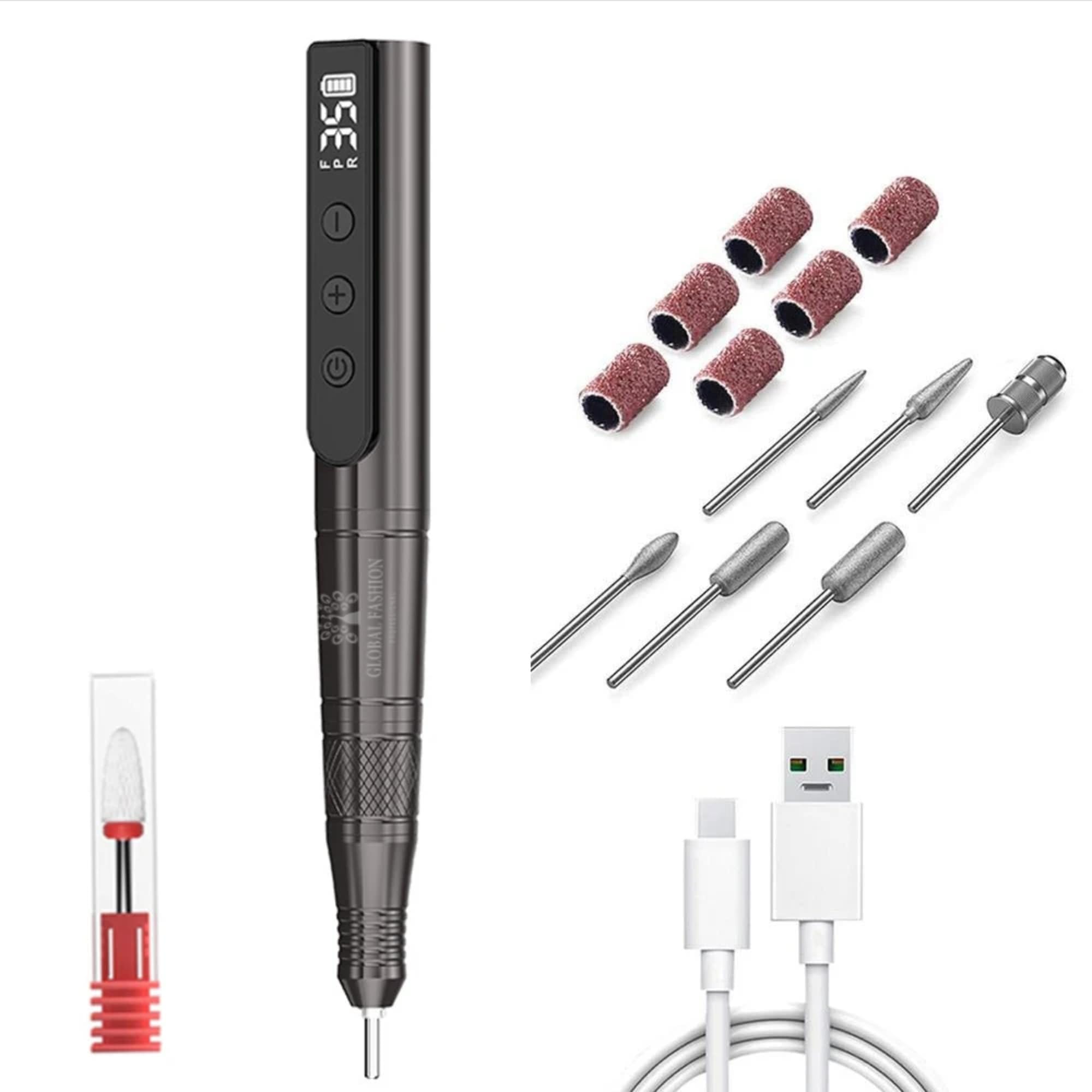 GLOBAL FASHION Professional Rechargeable 24W Electric Nail Drill, 35,000 RPM E-File Kit - Low Noise, Portable, USB Type-C, 800mAh Battery, 6 Bits & Sanding Bands (Black)