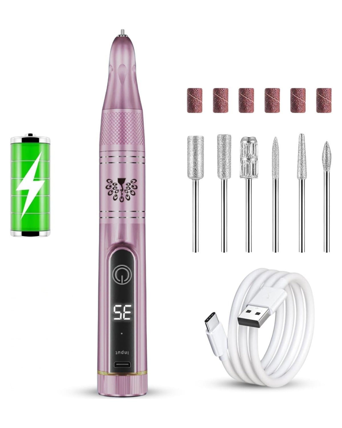 Rechargeable Electric Nail Drill Pen Set - Professional 35,000 RPM Portable E-File for Acrylic, Gel, and Natural Nails, USB Cordless Manicure Tool with Forward/Reverse Function and Drill Bits (Pink)