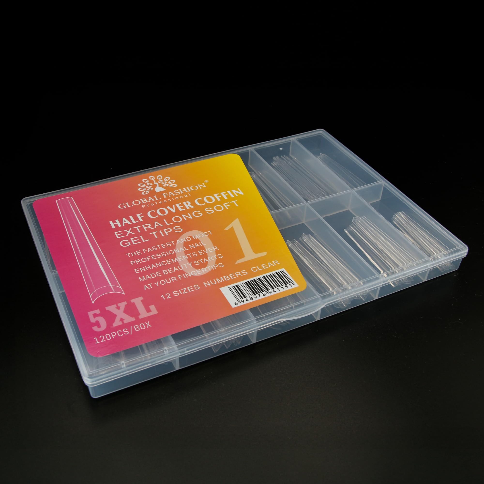 Global Fashion Half Cover Coffin Gel Tips 5XL - 120 pcs, 12 Sizes, Extra Long Clear Soft Gel Nail Extension Tips with Storage Box, Perfect C-Curve for Polygel & Builder Gel, Salon — Color 0744963296215