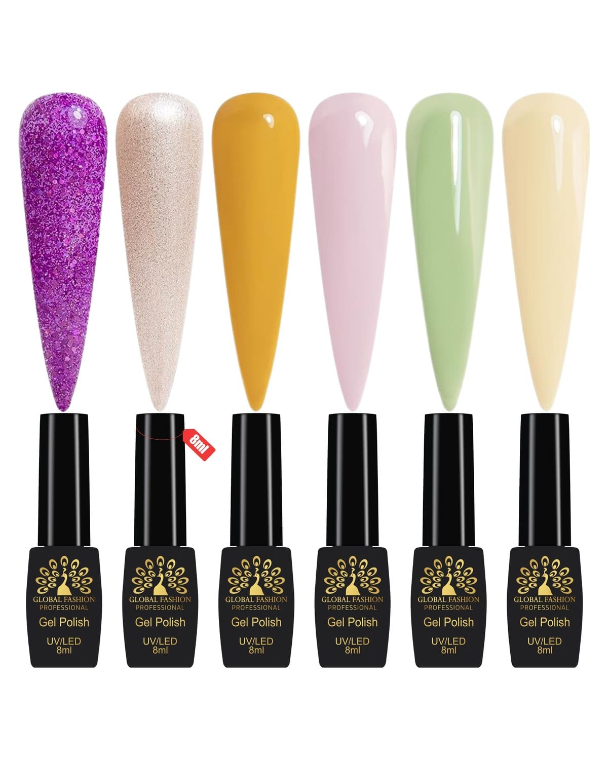 Global Fashion Gel Nail Polish Set of 6-8ml, Black Elite UV/LED Soak-Off, Long-Lasting, Chip-Resistant, Vegan Formula, Easy to Apply, High-Shine Finish for Salon & DIY Nail Art (Pastel Whisper)
