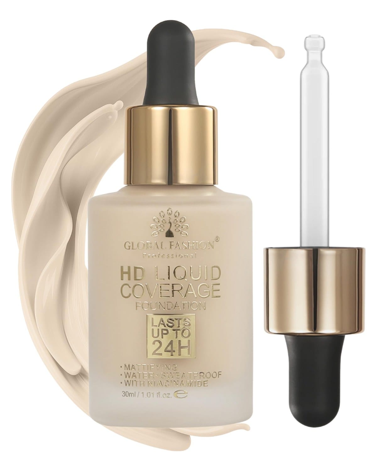 Global Fashion HD Liquid Coverage Foundation 30ml - 8 Flawless Shades, 24H Long-Lasting Matte Finish, Waterproof, Lightweight Full Coverage with Niacinamide - Korean Formula (GX06)