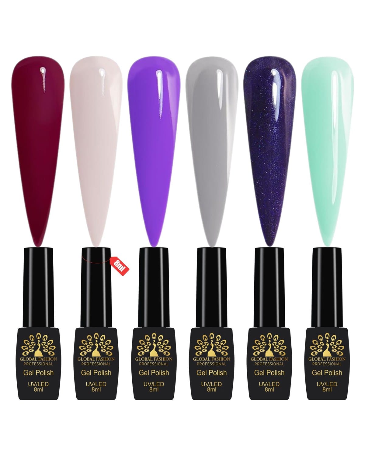 Global Fashion Gel Nail Polish Set of 6-8ml, Black Elite UV/LED Soak-Off, Long-Lasting, Chip-Resistant, Vegan Formula, Easy to Apply, High-Shine Finish for Salon & DIY Nail Art (Twilight Mauve)