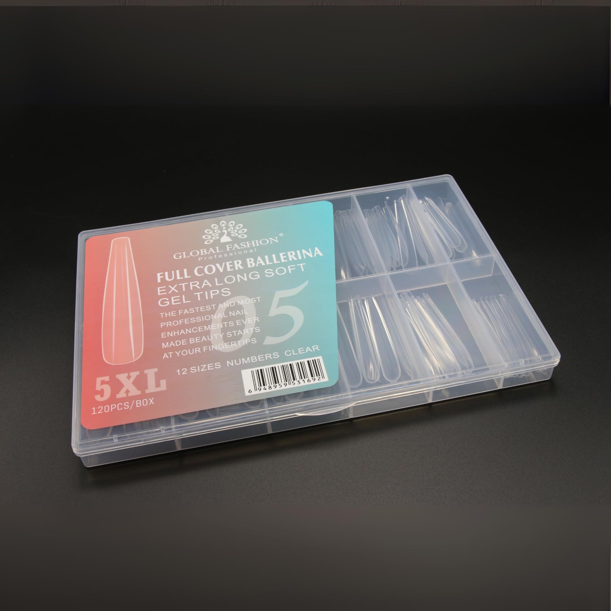 Global Fashion - Extra Long Crystal Clear Nail Extension Tips, 12 Sizes, 120 Pcs Box, Builder Gel and Poly Gel, Fit for Salon and DIY Manicure (Full Cover Ballerina, Clear)