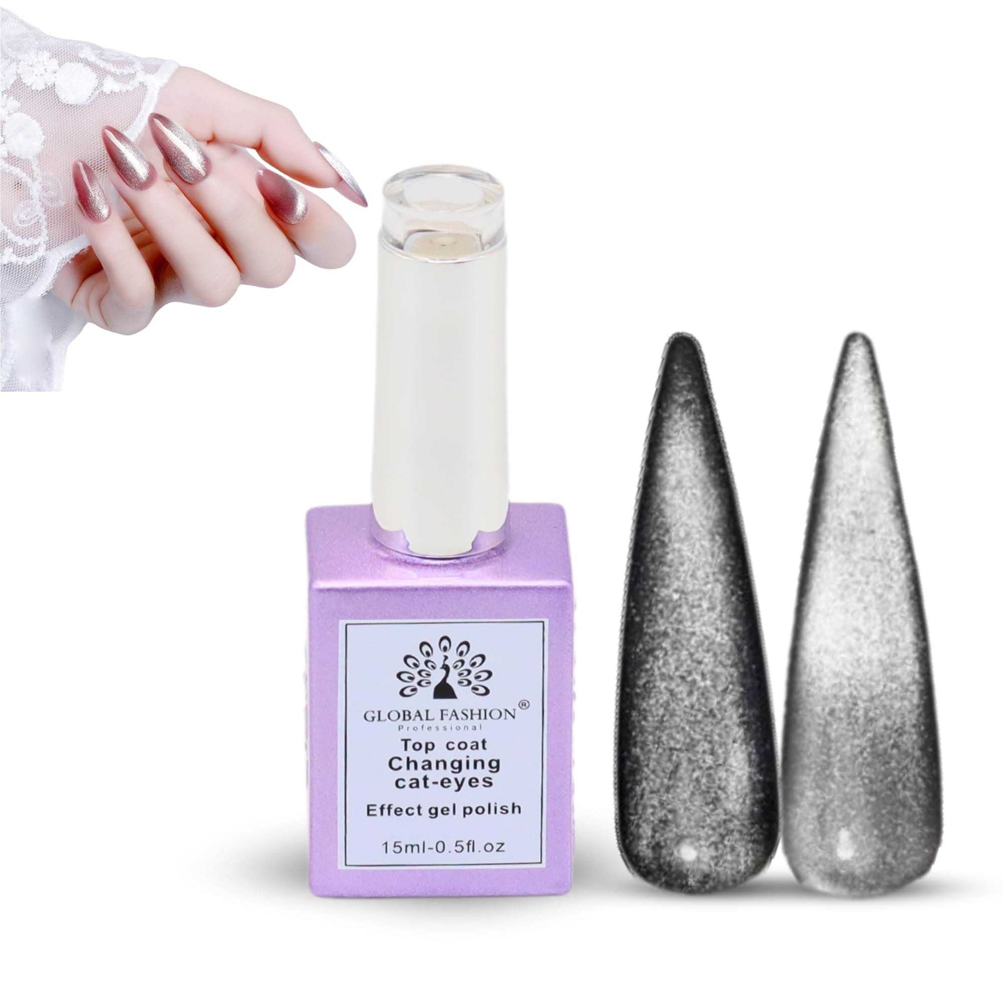 Global Fashion Cat Eye Gel Polish – Magnetic Holographic Reflective Glitter Top Coat, Chameleon 9D Cat Eyes Effect, Soak-Off UV LED Gel Nail Polish, Long-Lasting, 15ml
