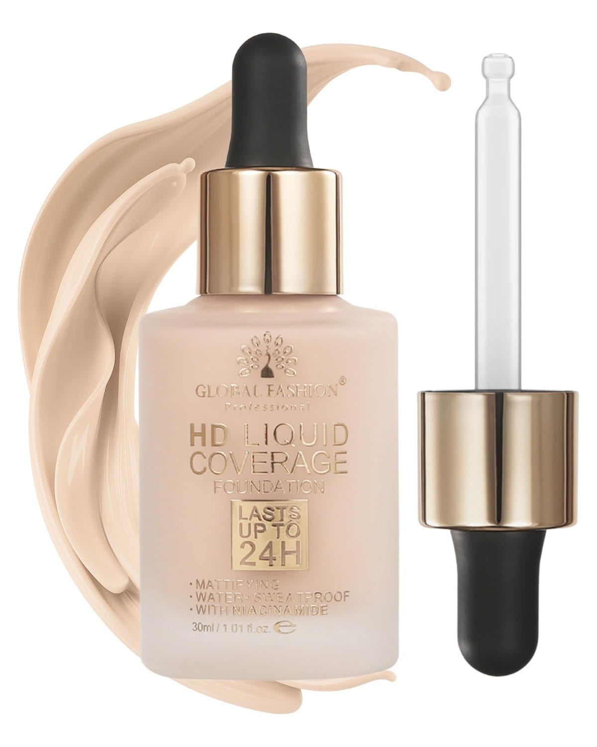 Global Fashion HD Liquid Coverage Foundation 30ml - 8 Flawless Shades, 24H Long-Lasting Matte Finish, Waterproof, Lightweight Full Coverage with Niacinamide - Korean Formula (GX02)
