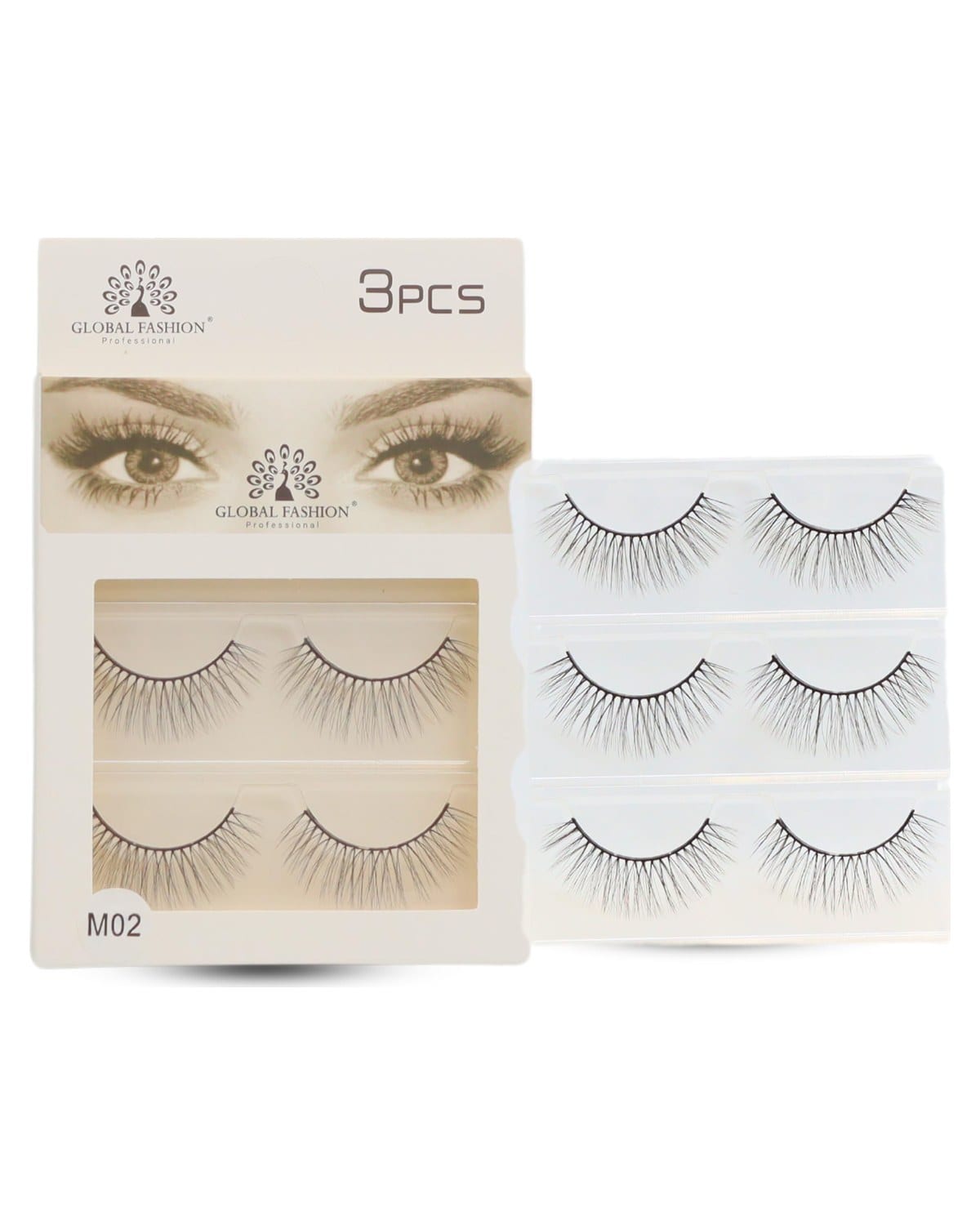 GLOBAL FASHION False Eyelashes Pack - Wispy Natural Look, Mink Fluffy Strips, Cat Eye and Fox Eye Lashes, Reusable, Easy Application, Perfect for Daily Wear & Special Occasions | (Eyelash M02-3Pcs) — Color Eyelash M02-3 Pair