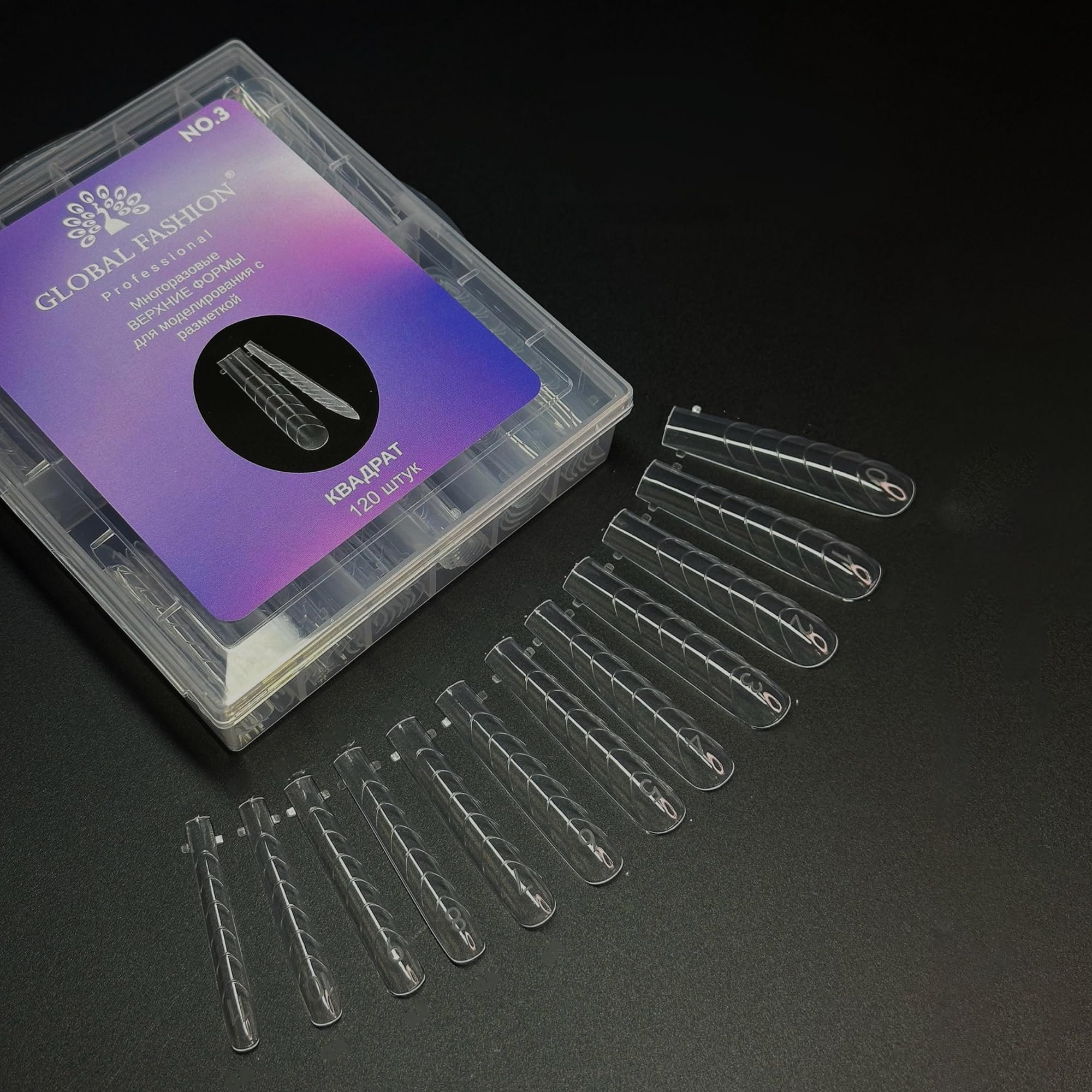 Global Fashion Nail Extension Tips - 120 Pcs, 12 Sizes, Ultra Long, Crystal Clear, C-Curve, Strong & Flexible, Reusable Dual Forms for Poly Gel & Builder Gel with Storage Box (Square, Clear)