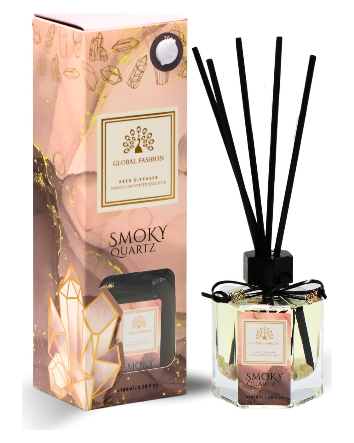 Luxury Reed Diffuser 100ml – 8 Scents | Long-Lasting Home Fragrance with French Imported Essence | Aromatherapy Oil Diffuser Gift Set for Bedroom, Bathroom, Office & Home Decor (Smoky Quartz)