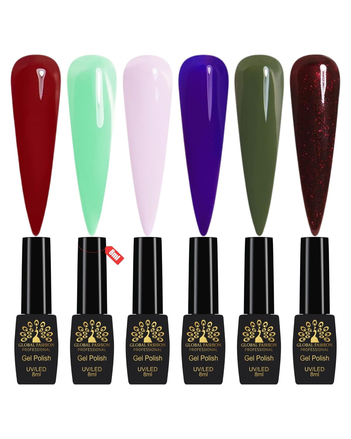 Global Fashion Gel Nail Polish Set of 6-8ml, Black Elite UV/LED Soak-Off, Long-Lasting, Chip-Resistant, Vegan Formula, Easy to Apply, High-Shine Finish for Salon & DIY Nail Art (Velvet Romance)