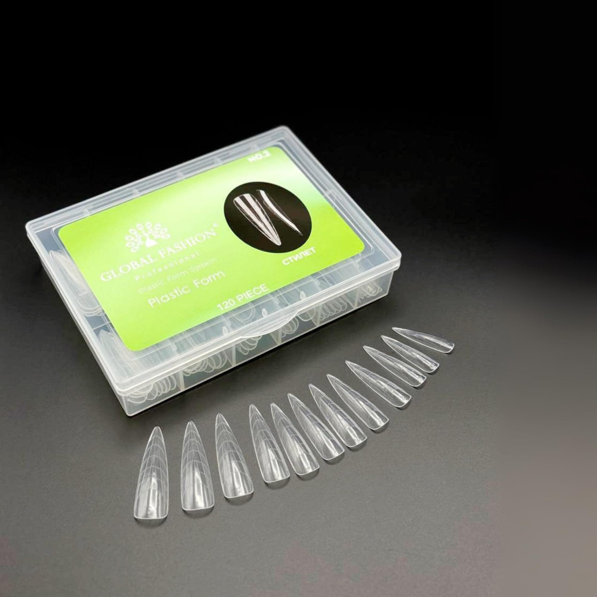 Global Fashion Nail Tips 120 Pcs - Clear Dual Nail Forms, 12 Sizes, Perfect C-Curve - Reusable Plastic Form for Poly Gel, Builder Gel & Acrylic Extensions, Salon & DIY Use (Almond, Clear)