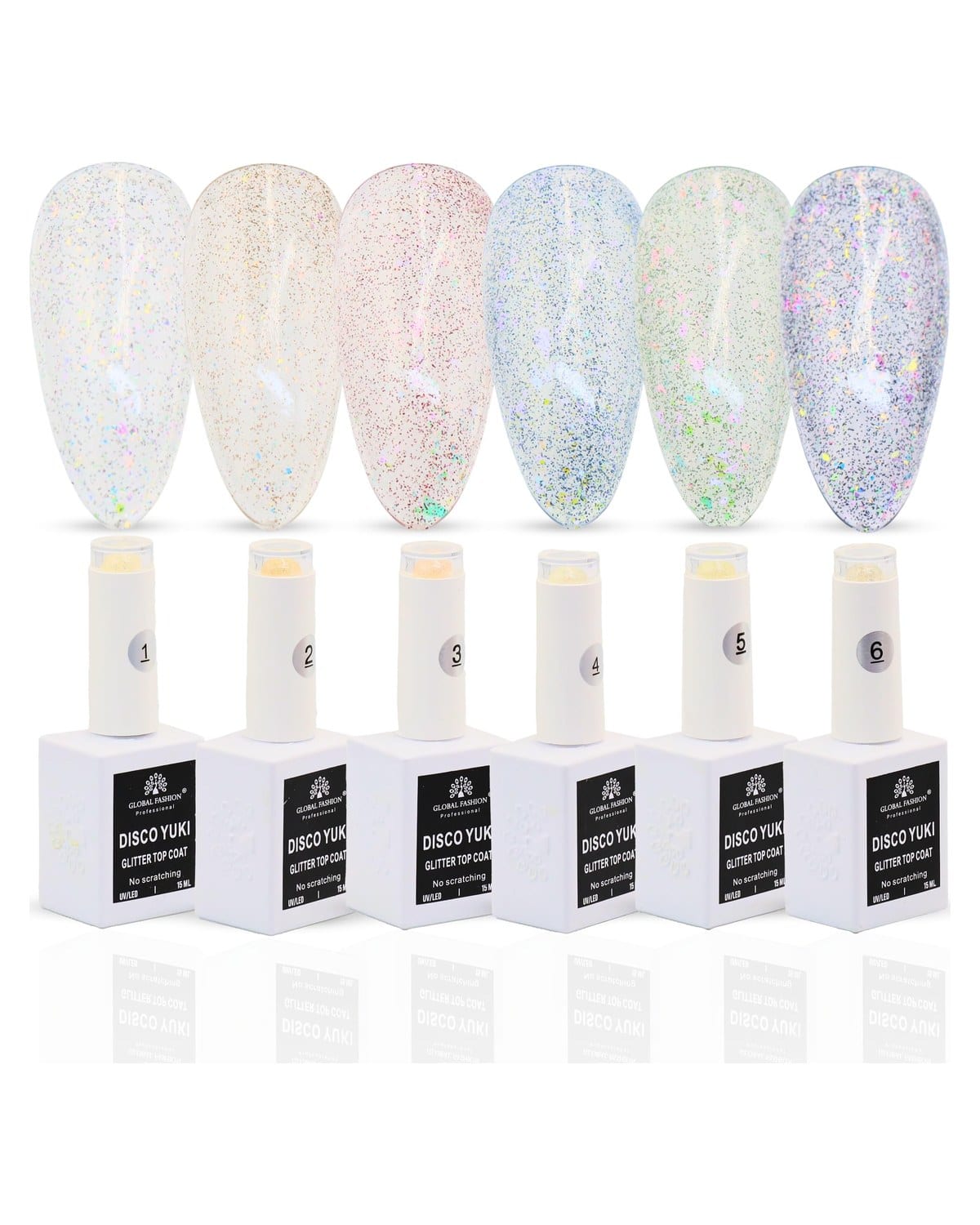 Disco Yuki Crystal Diamond Glow Top Coat, UV/LED Gel Polish, Long-Lasting No Wipe Glitter Finish, Chip-Resistant, 15ml Nail Shine for Natural & Acrylic Nails (Disco Yuki Crystal 6 Colors Set, 15ml)