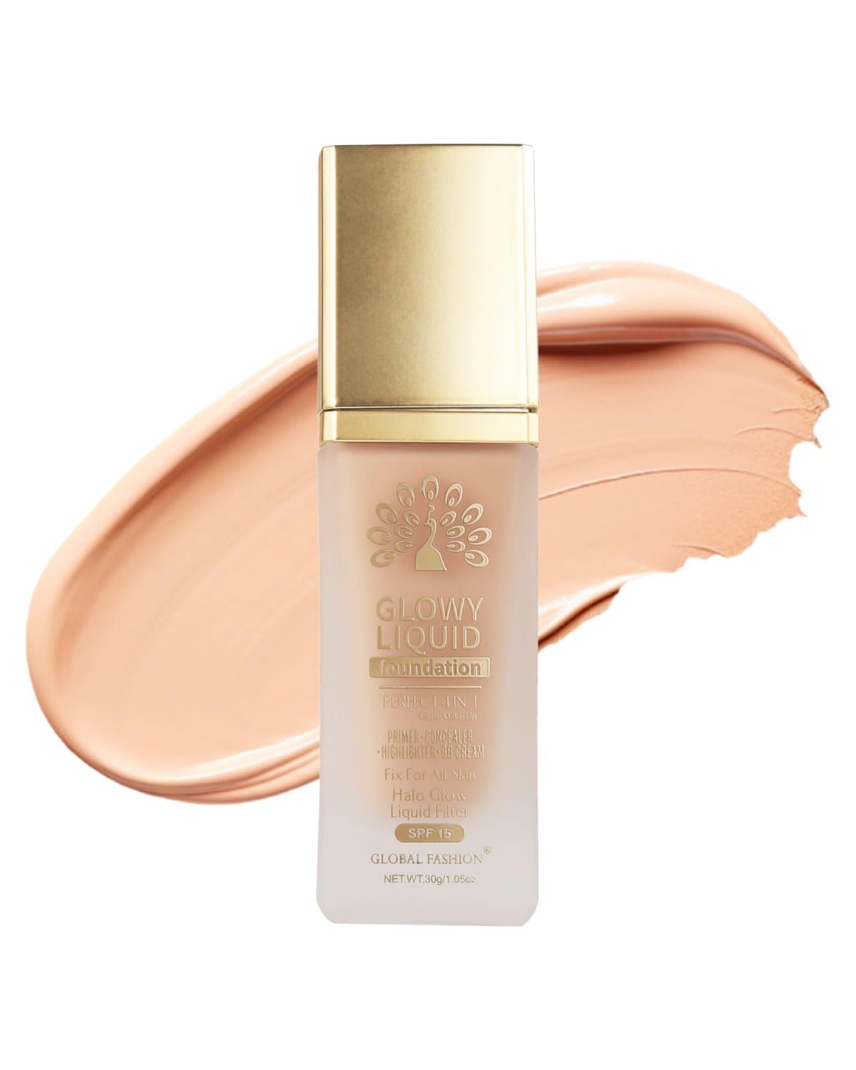 Global Fashion Glowy Liquid Foundation 30ml – 8 Shades, Radiant Finish, Buildable Coverage, Lightweight Formula with Hydrating Vitamin E & Dewy Glow Effect, SPF 15 Protection (K035)
