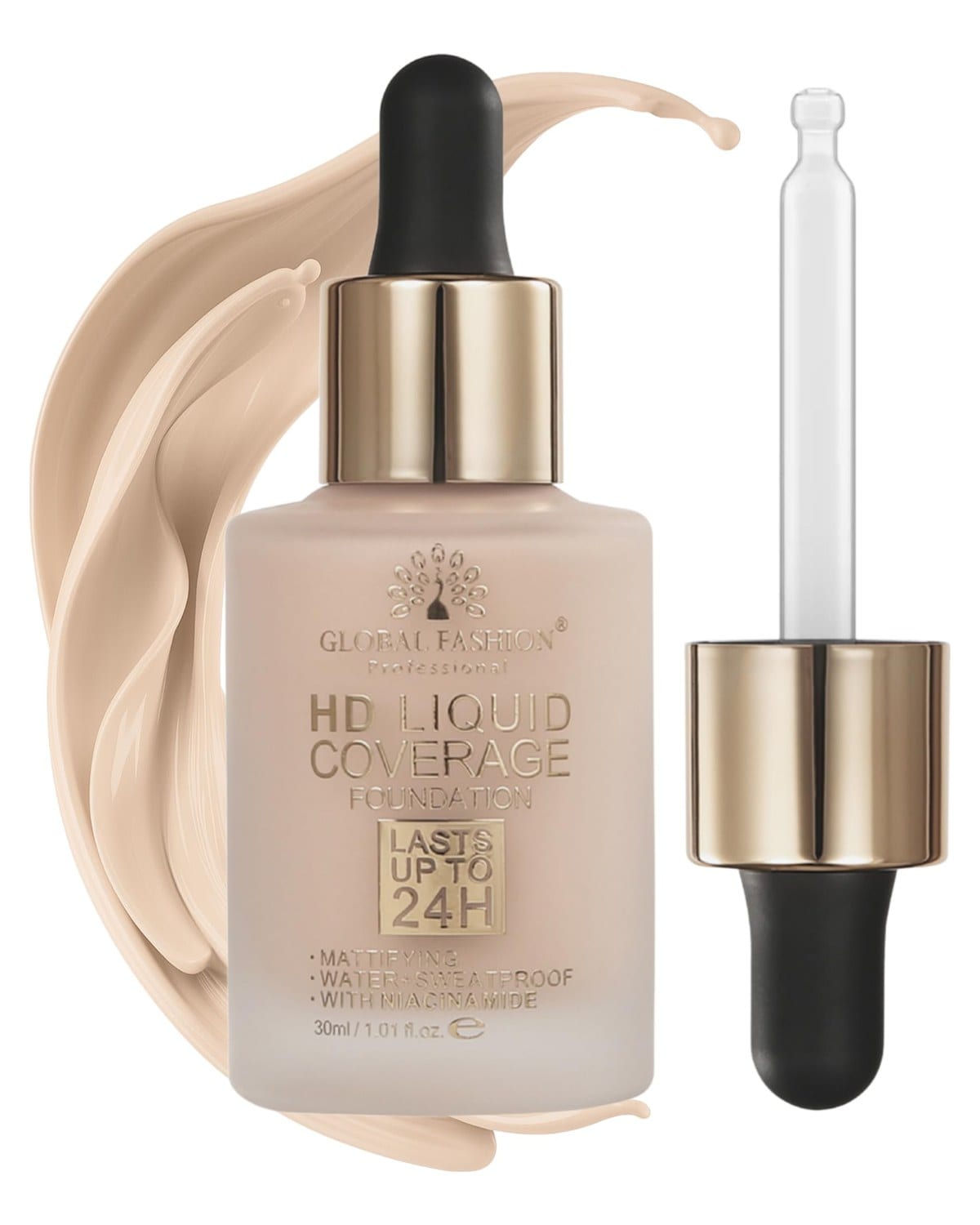 Global Fashion HD Liquid Coverage Foundation 30ml - 8 Flawless Shades, 24H Long-Lasting Matte Finish, Waterproof, Lightweight Full Coverage with Niacinamide - Korean Formula (GX01)