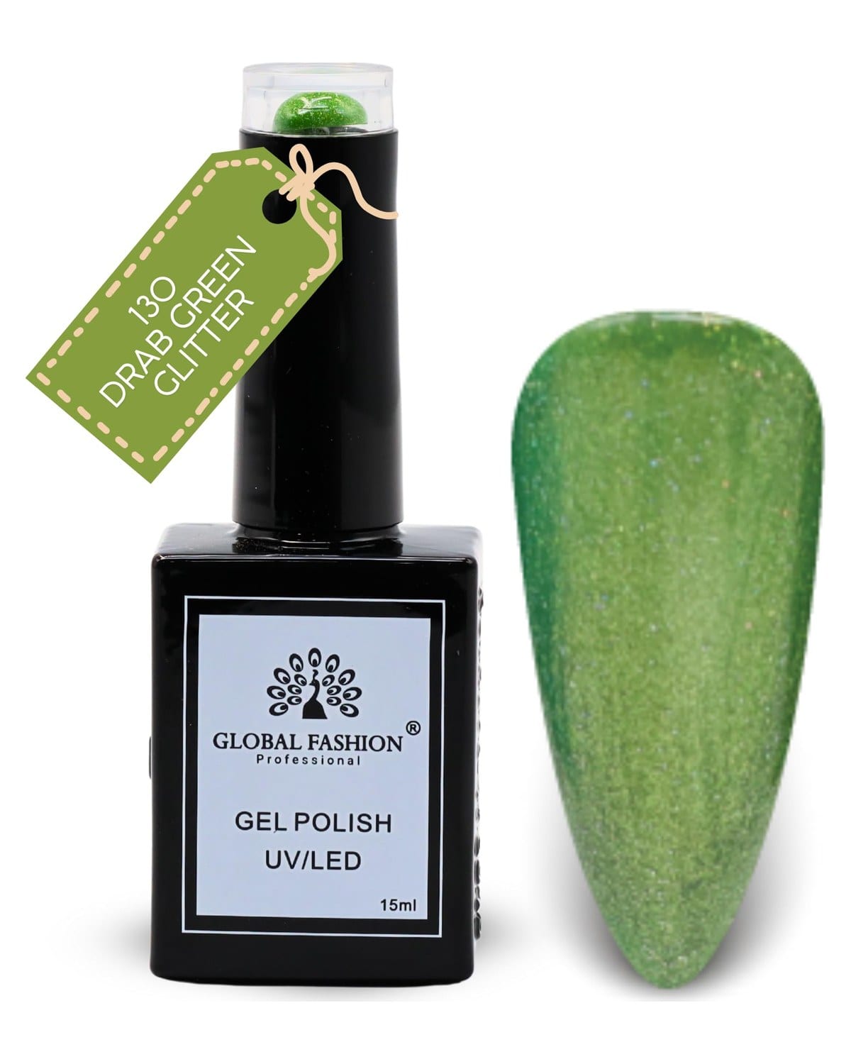 Global Fashion Earthy Elegance Collection (127–132) – 6 Long-Lasting, High-Gloss, Chip-Resistant Colors for Teens & Professionals – UV/LED Soak-Off Nail (130-Drab Green Glitter-1p)