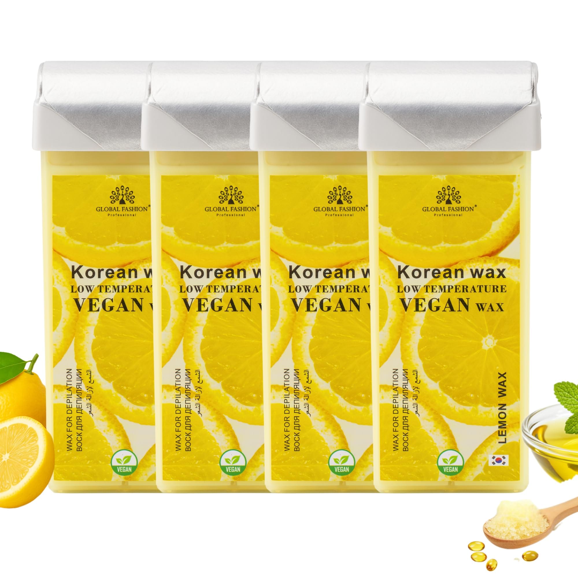 Global Fashion 100ml Roll-On Wax Cartridge – Korean Soothing Depilatory Wax Refill for Women Hair Removal, Long-Lasting, Smooth Glide for Legs, Arms & Body | 12 Scents (400ml, Lemo)