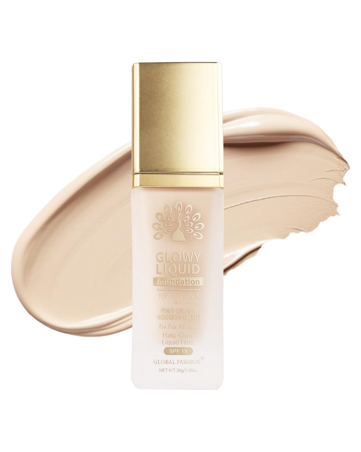 Global Fashion Glowy Liquid Foundation 30ml – 8 Shades, Radiant Finish, Buildable Coverage, Lightweight Formula with Hydrating Vitamin E & Dewy Glow Effect, SPF 15 Protection (K032)