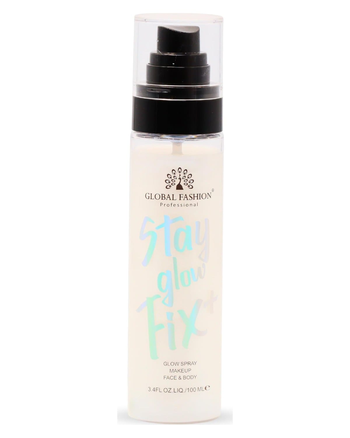 Global Fashion Stay Glow Fix+ 100 ml - Shimmer Mist 3-in-1 for Face, Body and Hair - Hydrating Glow Spray, Radiance and Makeup Fixation, Quick-Dry Non-Sticky Fine Mist with Light-Veil Shimmer (White)