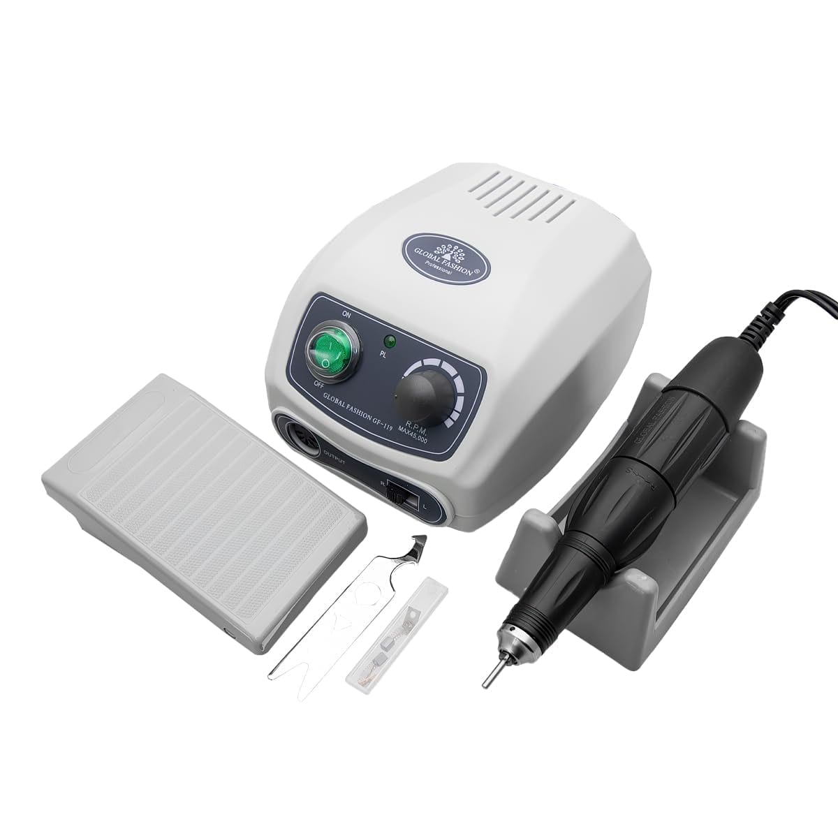 GLOBAL FASHION Professional High-Powered Portable Electric Nail Drill- 80W, 45,000 RPM, Variable Speed, Lightweight Design, Low Noise, Forward/Reverse Rotation, Safety Shutoff, GF