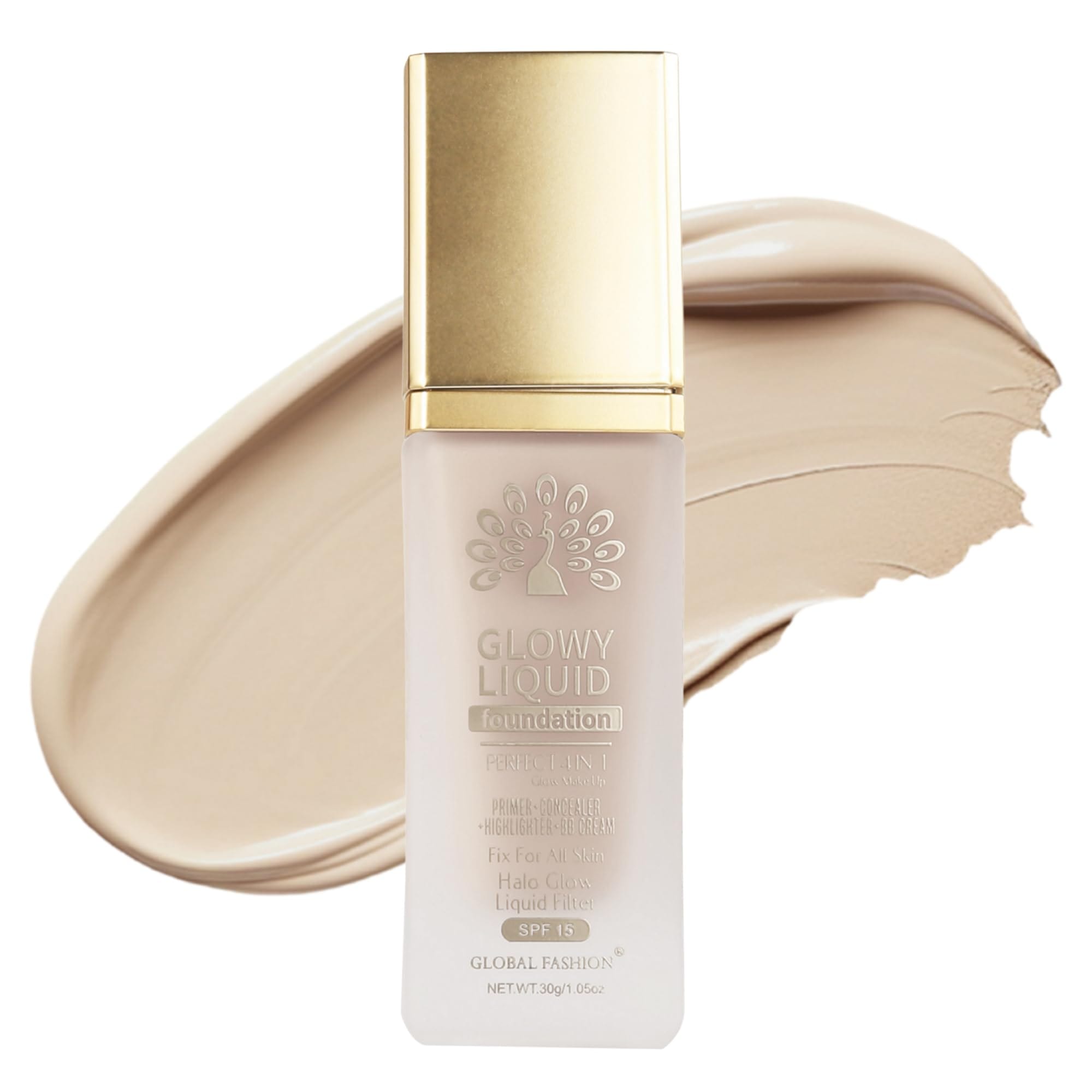 Global Fashion Glowy Liquid Foundation 30ml – 8 Shades, Radiant Finish, Buildable Coverage, Lightweight Formula with Hydrating Vitamin E & Dewy Glow Effect, SPF 15 Protection (K038)