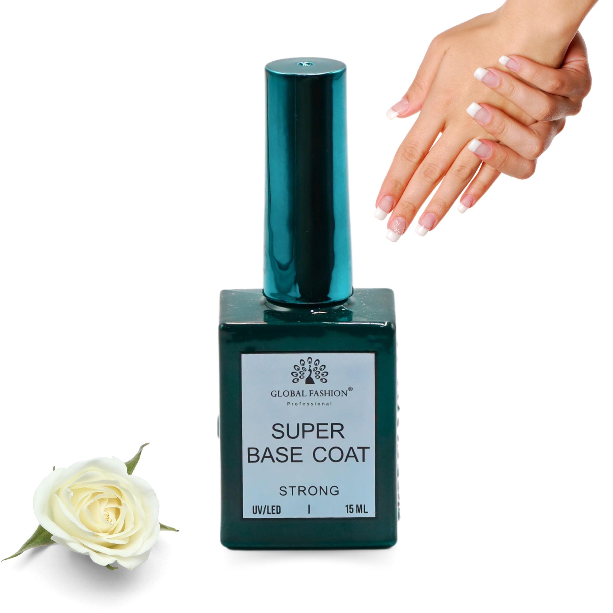 Global Fashion Professional Clear Rubber Base Coat - UV/LED Soak-Off Gel Polish, Strong Adhesion, Flexible & Long-Lasting, Nail Strengthening Formula (Super base coat, 15ml)