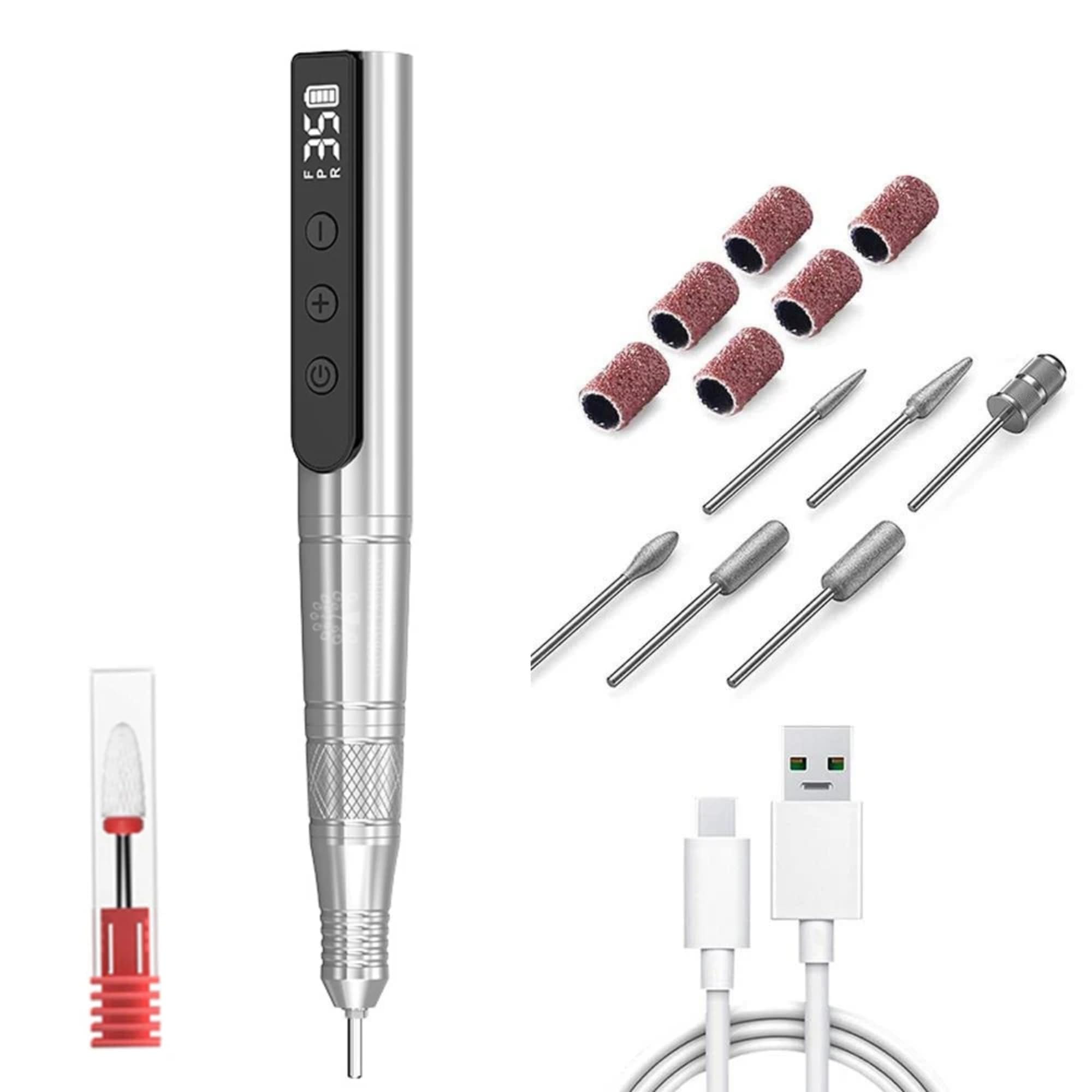 GLOBAL FASHION Professional Rechargeable 24W Electric Nail Drill, 35,000 RPM E-File Kit - Low Noise, Portable, USB Type-C, 800mAh Battery, 6 Bits & Sanding Bands (Silver)