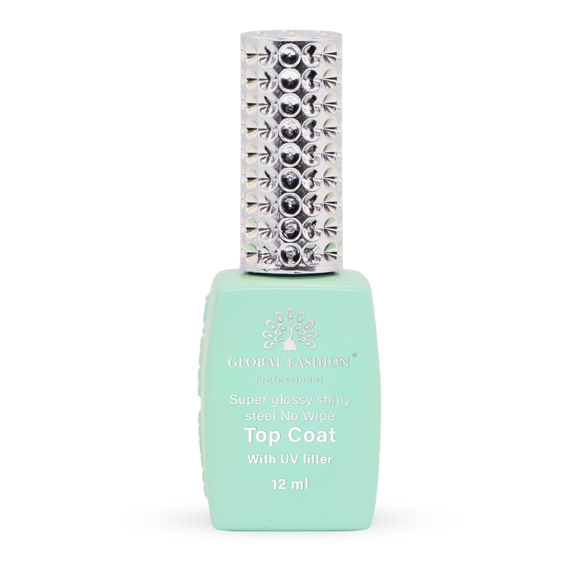 Global Fashion Professional Steel No Wipe Top Coat for Nails - Super Glossy Shiny, UV Lamp Required, Anti-Scratch, Long-Lasting Protection, 12ml (With UV Fillter, 12ml)
