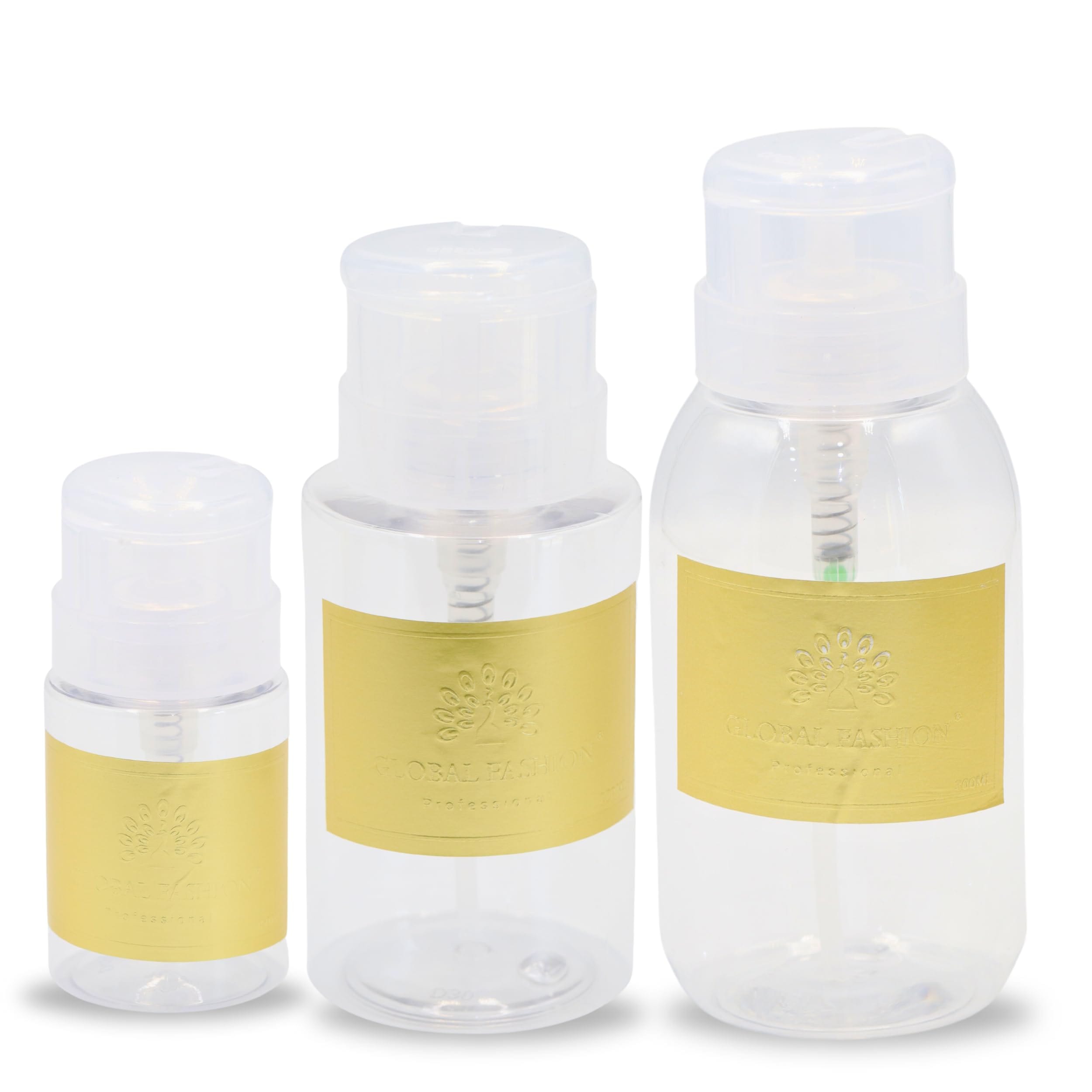 GLOBAL FASHION Professional 3-Pack Push Down Pump Dispenser Lockable Bottle for Nail Polish Remover, Makeup Remover, Liquids, Solvents, Cleaners, and Cleansers - Leak-Proof, Durabl — Size SET3BOTTLES