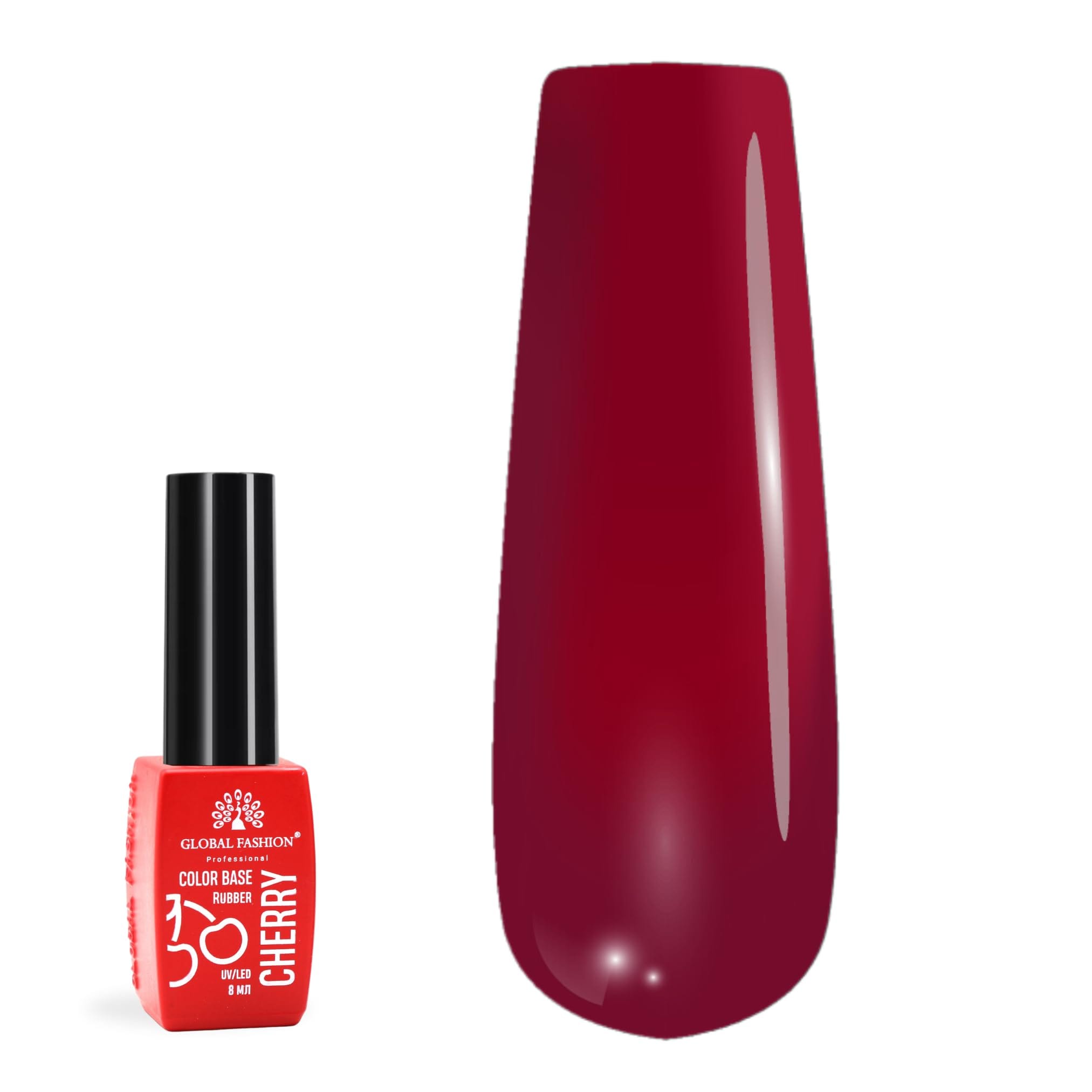 Global Fashion Cherry Rubber Color Base Gel Polish, 8ml - Self-Leveling, Strengthens Nails, Perfect Adhesion, High Bonding Strength for Long-Lasting Results (Crimson Charm (01), 8m — Color 4673724691364