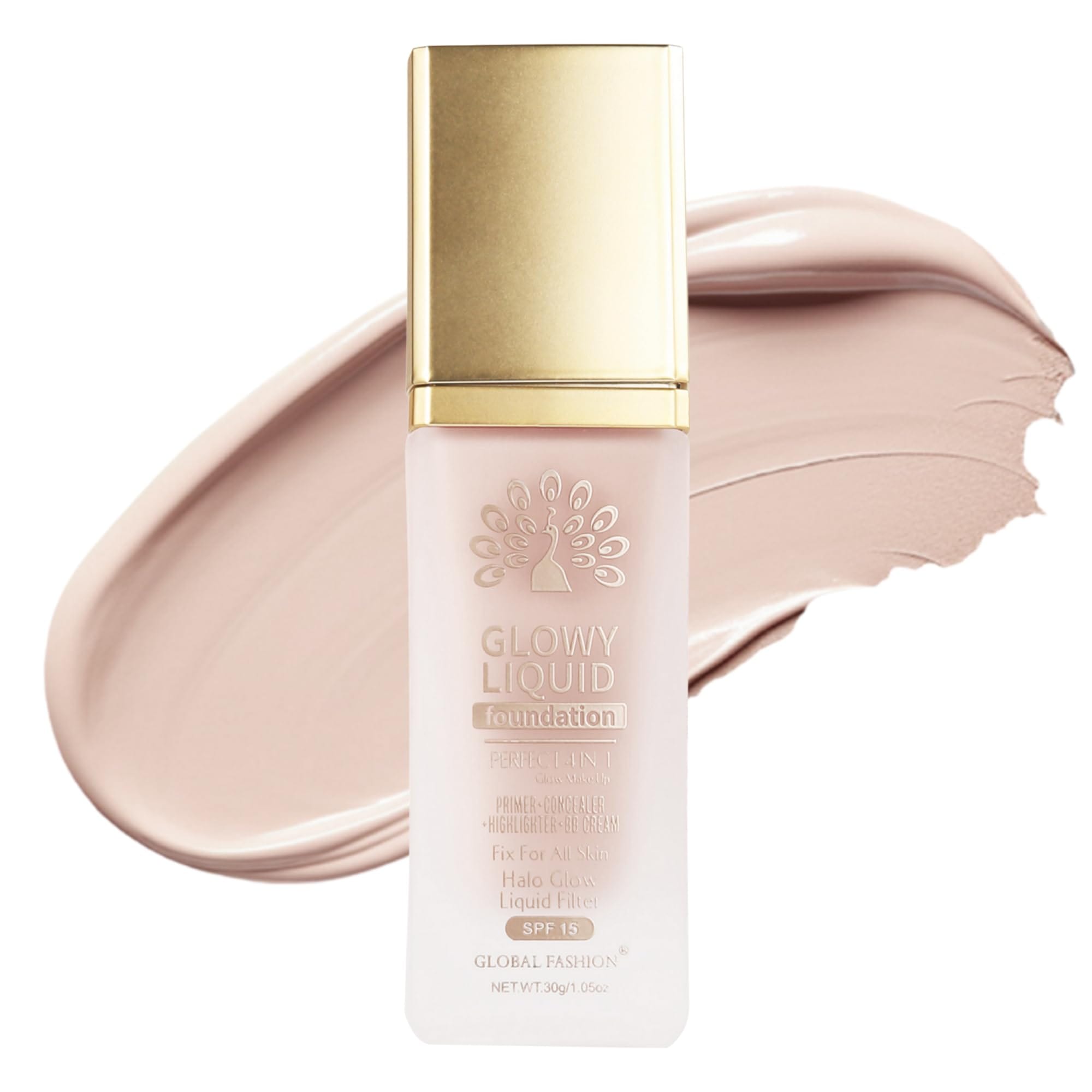Global Fashion Glowy Liquid Foundation 30ml – 8 Shades, Radiant Finish, Buildable Coverage, Lightweight Formula with Hydrating Vitamin E & Dewy Glow Effect, SPF 15 Protection (K032)