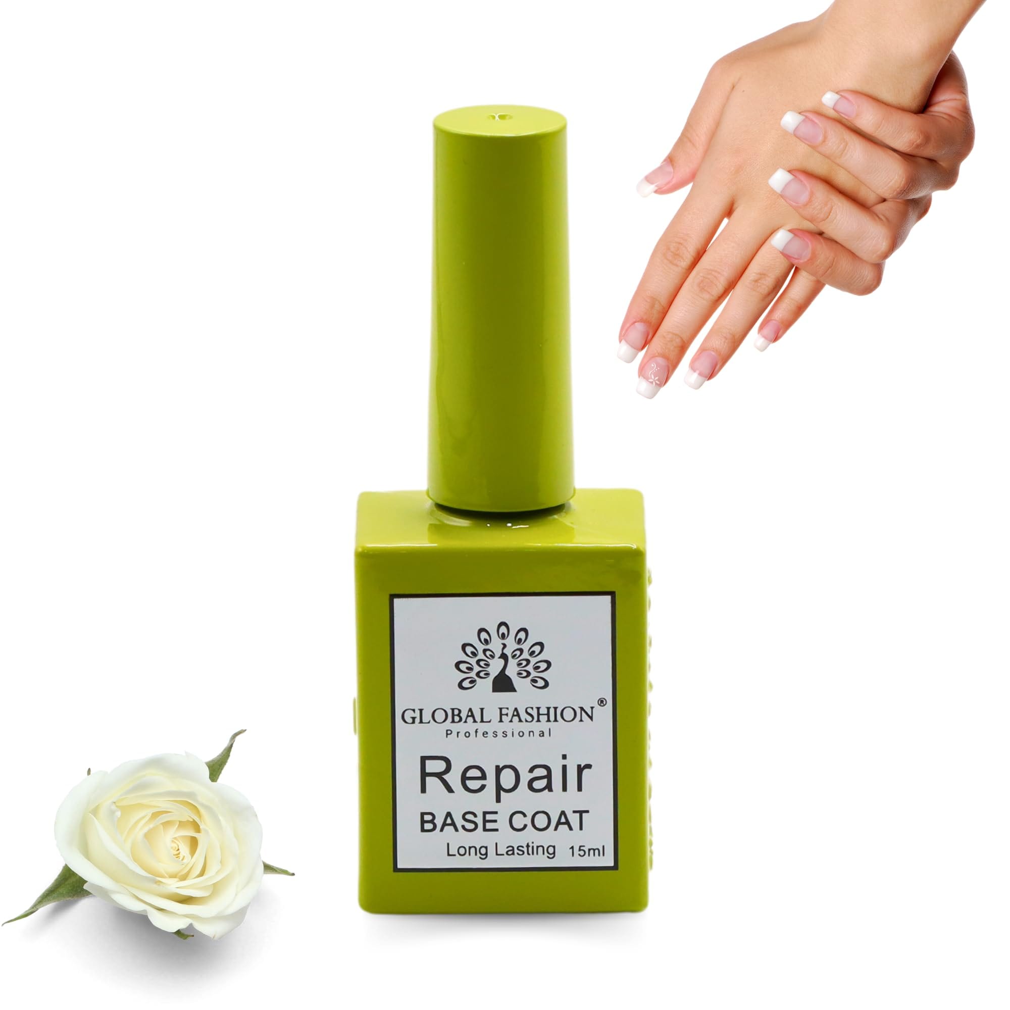 Global Fashion Professional Clear Rubber Base Coat - UV/LED Soak-Off Gel Polish, Strong Adhesion, Flexible & Long-Lasting, Nail Strengthening Formula (Repair base coat, 15ml) — Color B0D4F49YGW