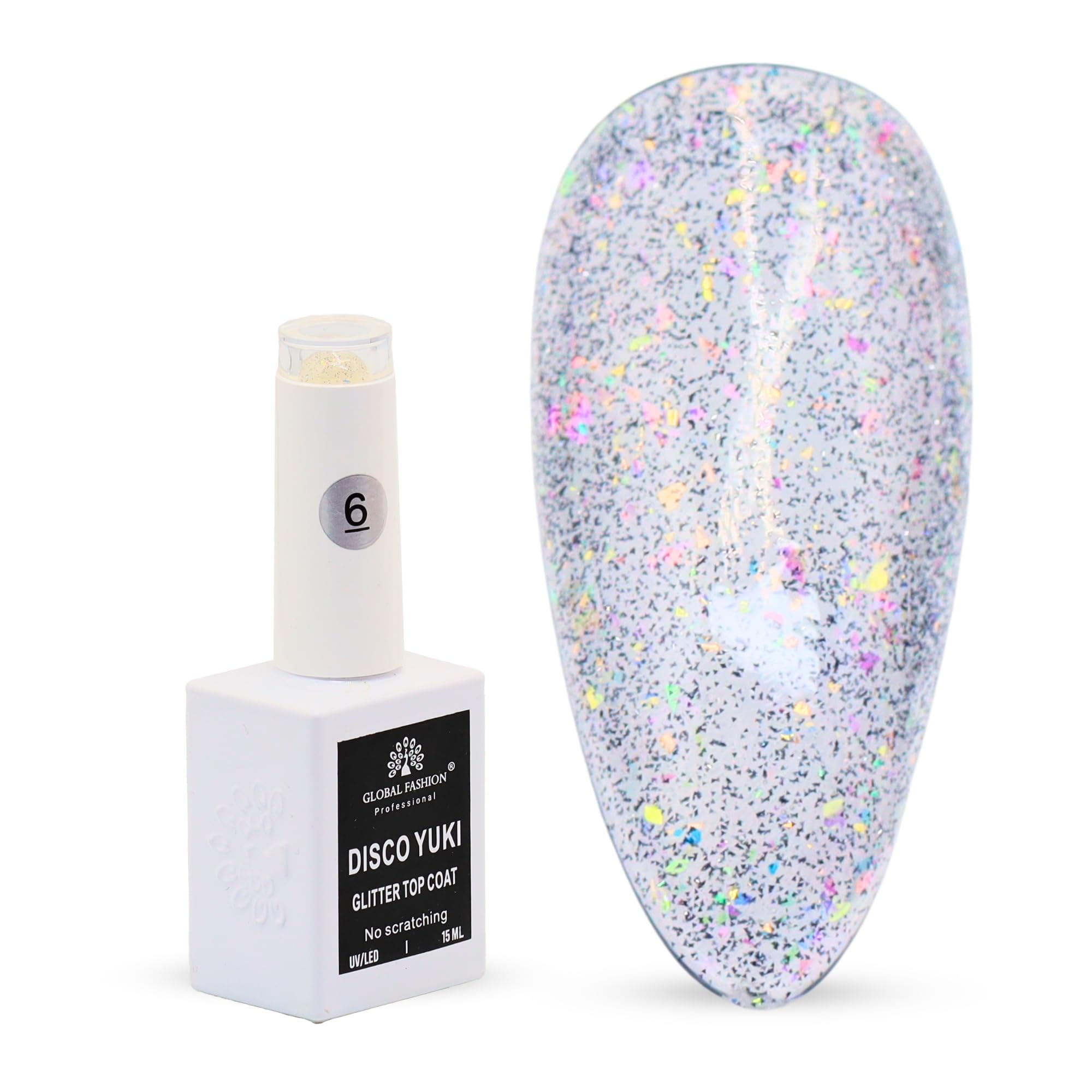 Disco Yuki Crystal Diamond Glow Top Coat, UV/LED Gel Polish, Long-Lasting No Wipe Glitter Finish, Chip-Resistant, 15ml Nail Shine for Natural & Acrylic Nails (6: Stardust Silver Sh)