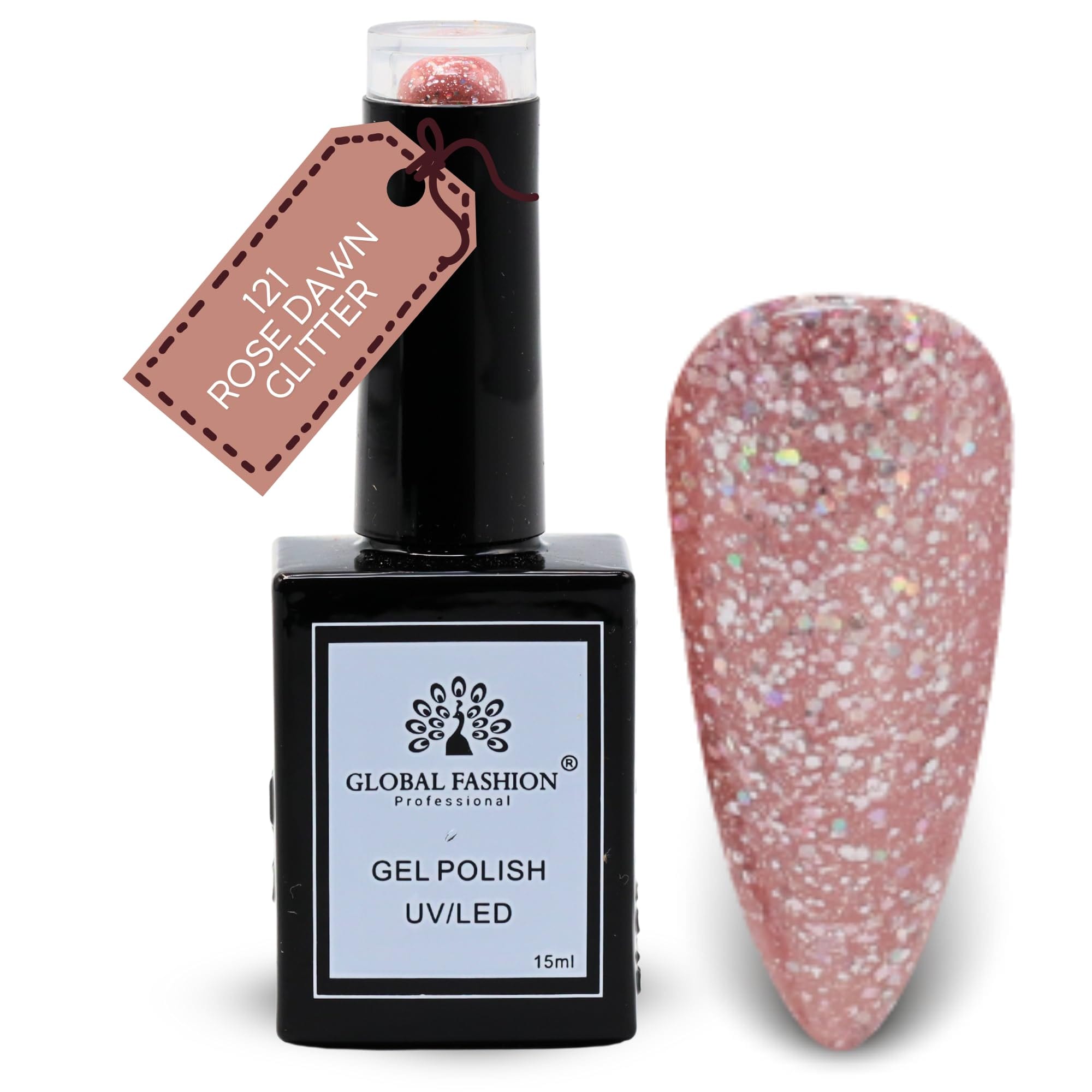 Global Fashion Inky & Indigo Collection (121–126) – 6 Long-Lasting, High-Gloss, Chip-Resistant Colors for Teens & Professionals – UV/LED Soak-Off Nail Kit (121-Rose Dawn Glitter-1p)