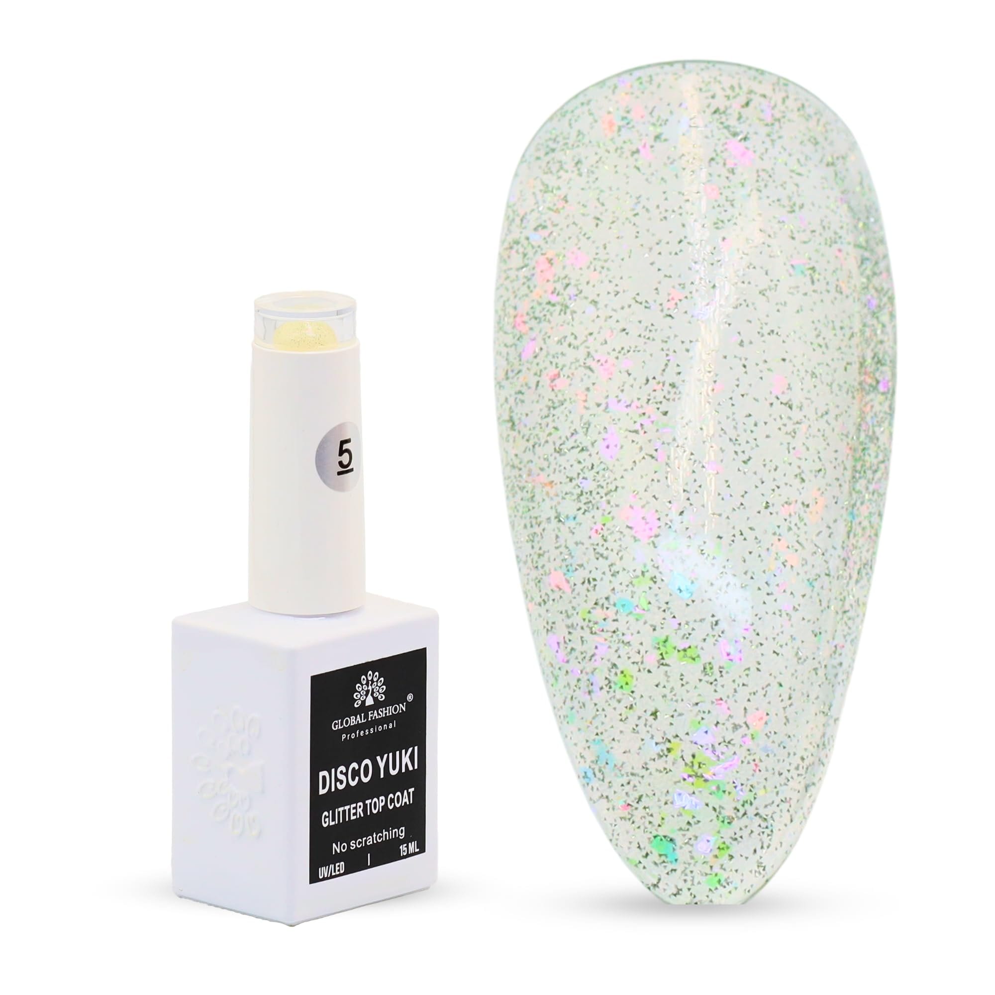 Disco Yuki Crystal Diamond Glow Top Coat, UV/LED Gel Polish, Long-Lasting No Wipe Glitter Finish, Chip-Resistant, 15ml Nail Shine for Natural & Acrylic Nails (5: Mint Frost Gleam)