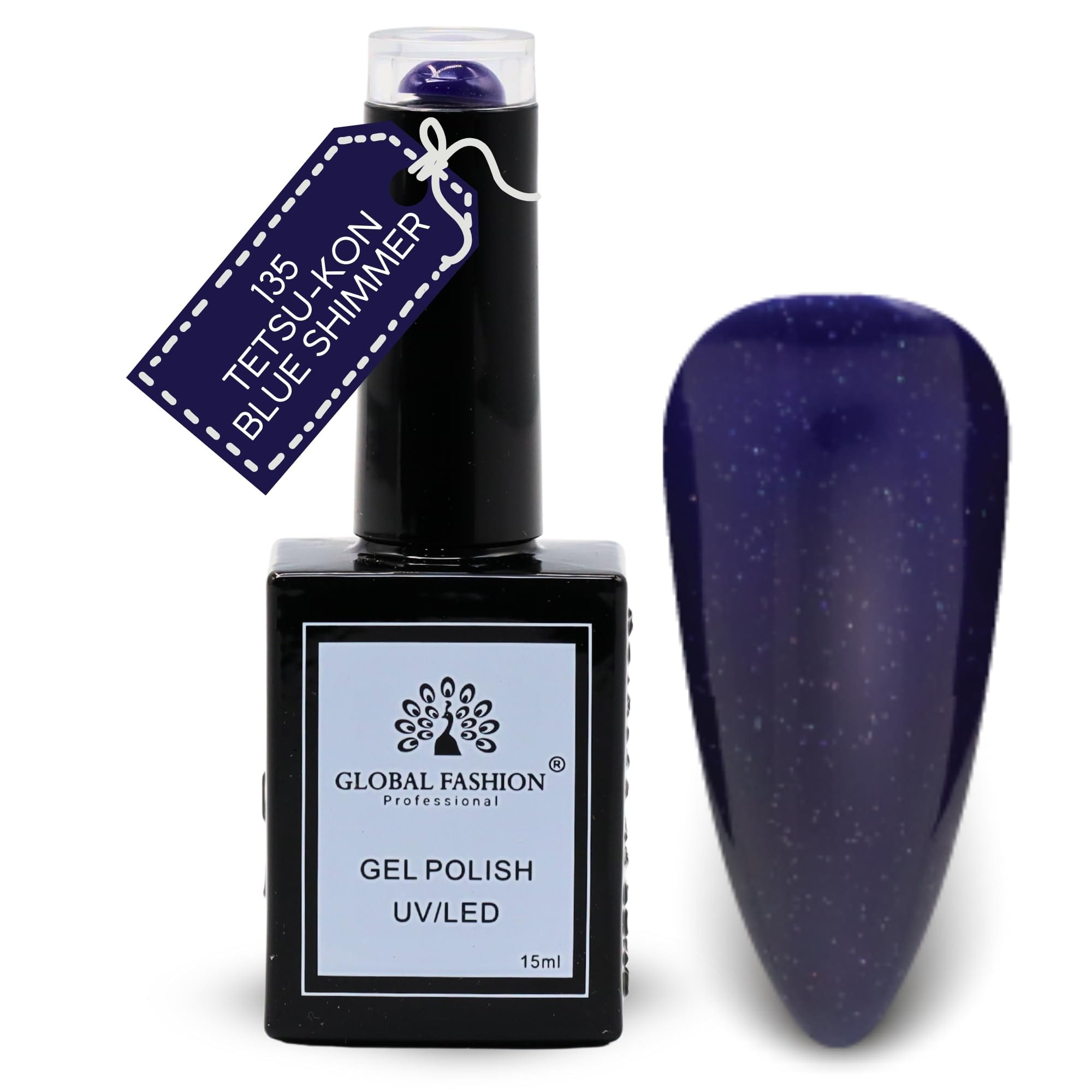 Global Fashion Glitter & Glimmer Collection (133–140) – 6 Long-Lasting, High-Gloss, Chip-Resistant Colors for Teens & Professionals – UV/LED Soak-Off Nail Kit (135-Tetsu-Kon Blue S)