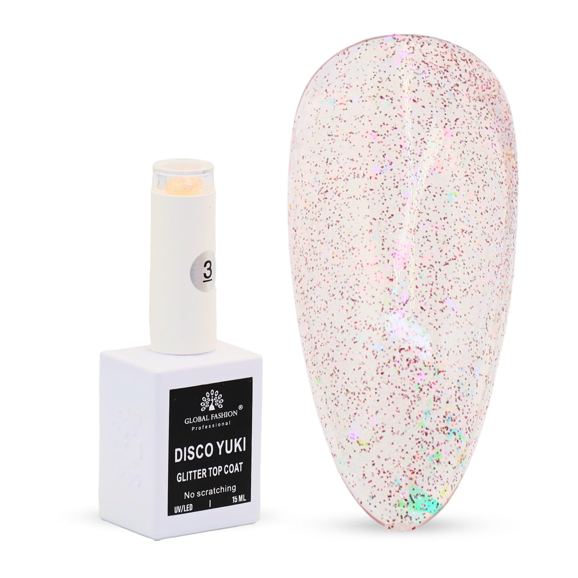 Disco Yuki Crystal Diamond Glow Top Coat, UV/LED Gel Polish, Long-Lasting No Wipe Glitter Finish, Chip-Resistant, 15ml Nail Shine for Natural & Acrylic Nails (3: Rosy Quartz Sparkl)
