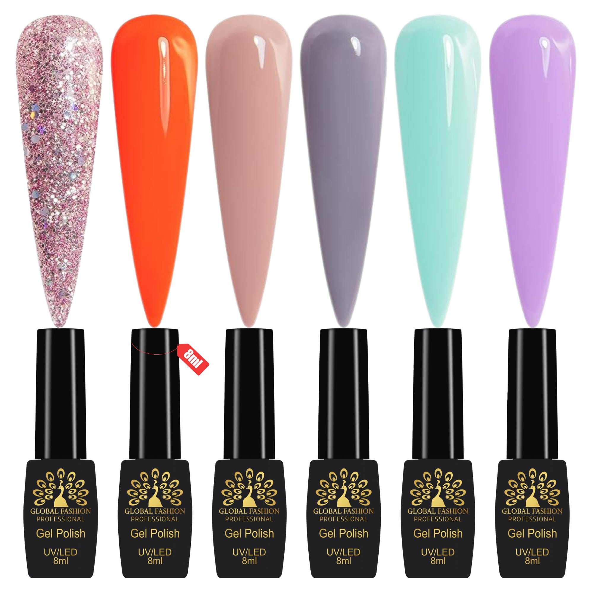 Global Fashion Gel Nail Polish Set of 6-8ml, Black Elite UV/LED Soak-Off, Long-Lasting, Chip-Resistant, Vegan Formula, Easy to Apply, High-Shine Finish for Salon & DIY Nail Art (Bl)